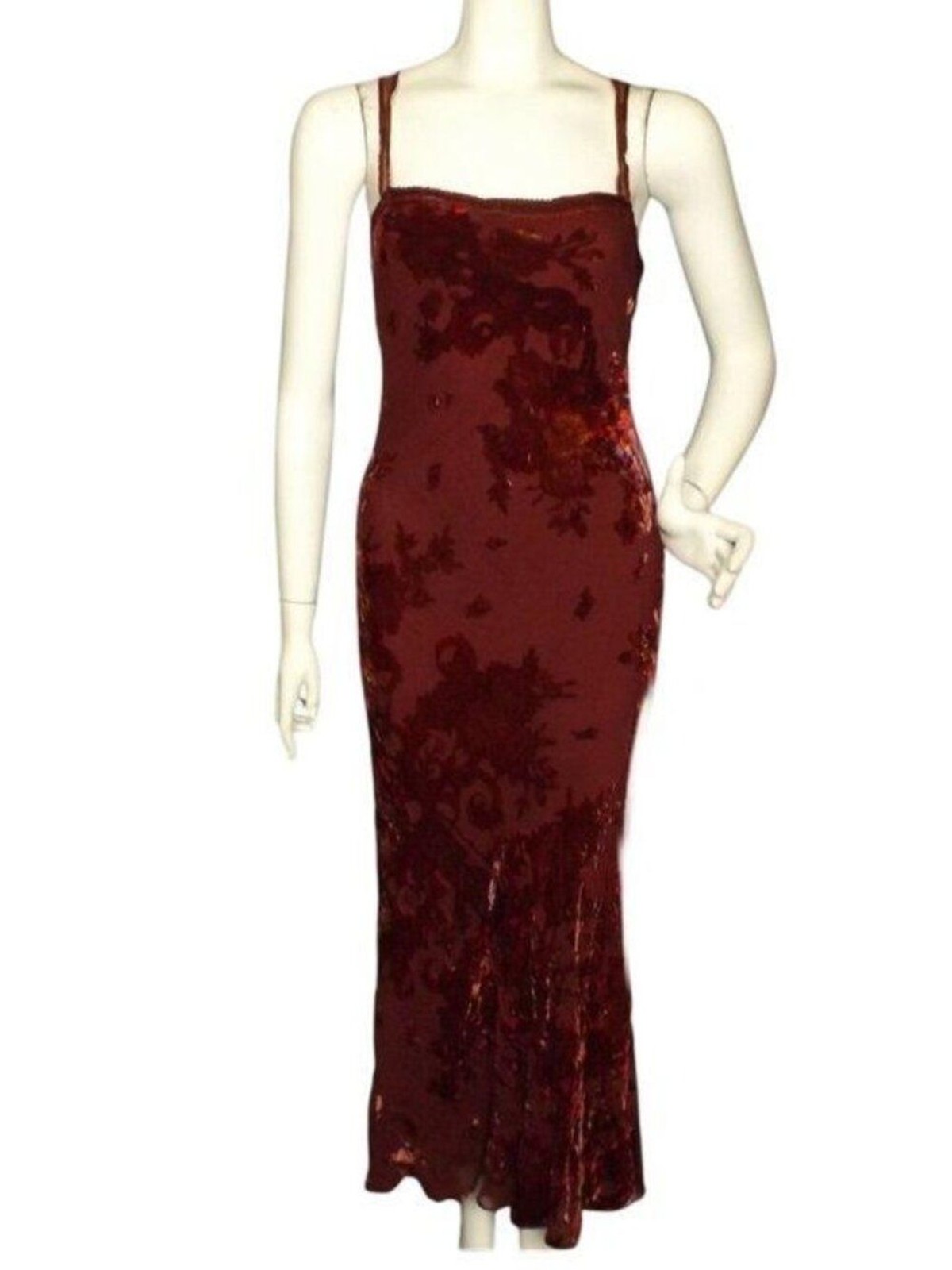 BETSEY JOHNSTON Maxi Dress, L, Dark Red Burnout Velvet, Straps, Back Zip,VINTAGE