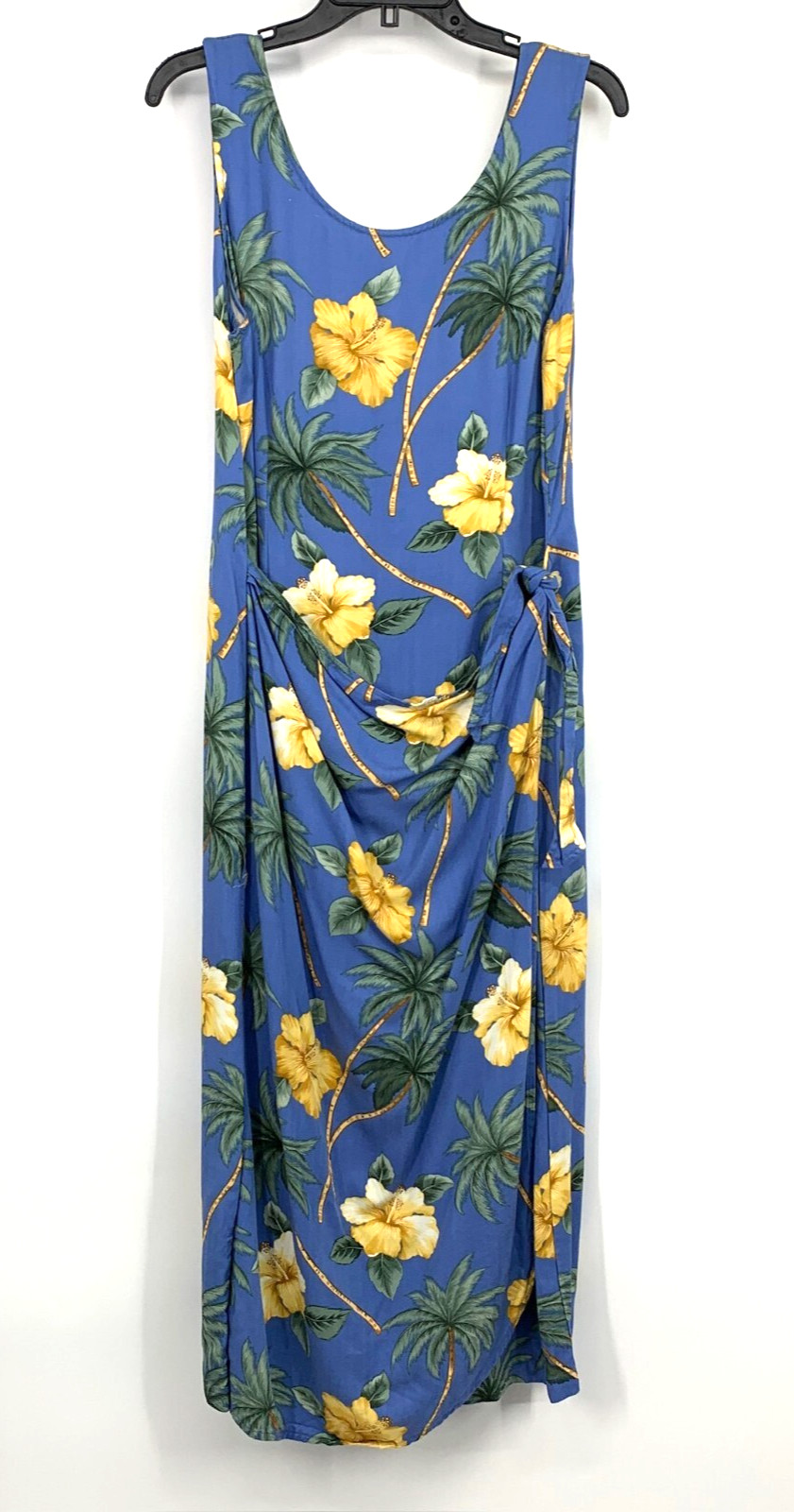 Caribbean Joe Dress Womens Size Large Blue Floral Midi Tie Waist Wrap Sleeveless