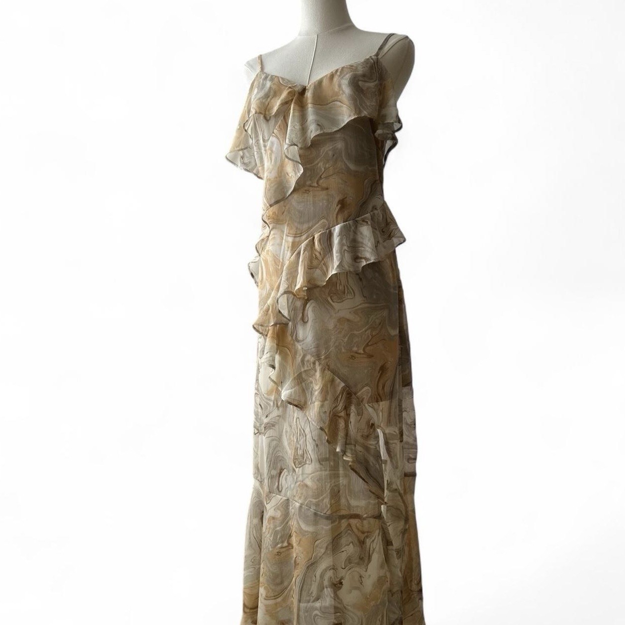 y2k Asymmetrical Ruffle Maxi Dress Garden Fairy Tan V-neck Spaghetti Strap Med