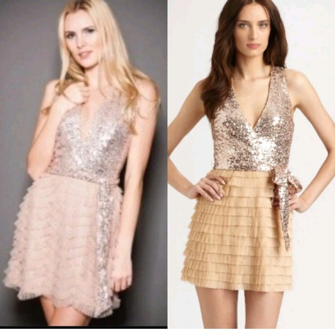 Badgley Mischka Cocktail Dress Small Rose Gold Sequin Layered Mark And James