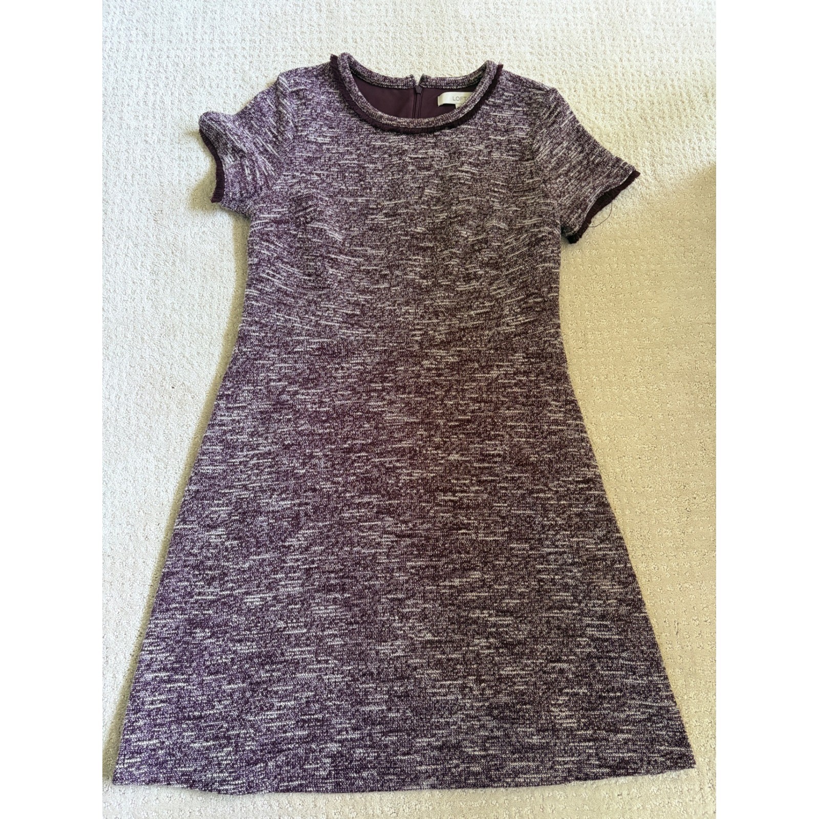 Loft Womens Burgundy Marled Tweed Fringe Trim Short Sleeve Shift Dress Size 8