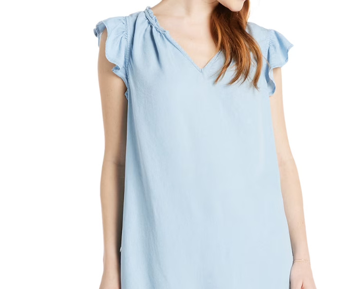Time and Tru Womens Split Neck Dress with Flounce Hem Light Blue Size M (8-10)