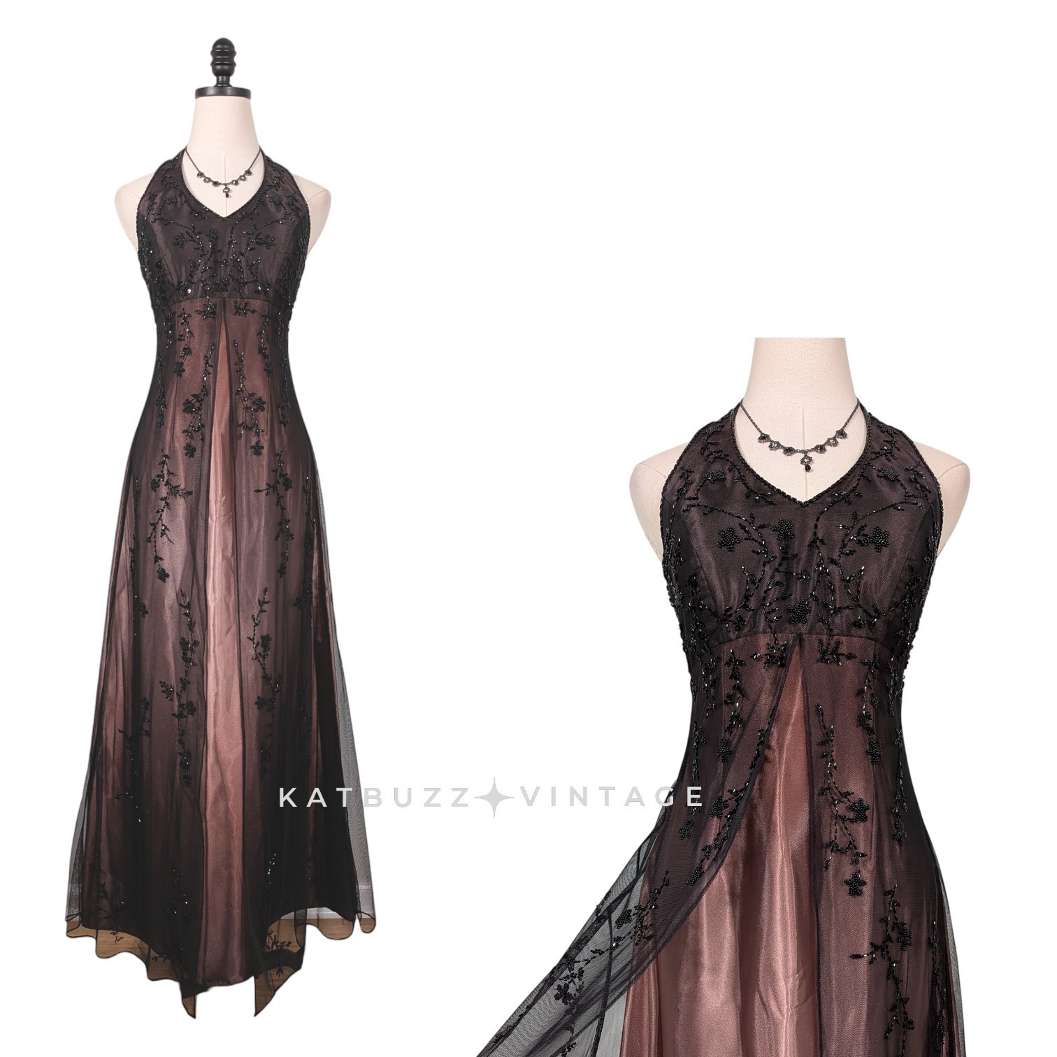 Vintage Halter Neck Ball Gown Brown Black Long Applique Lace Gothic Evening Gown