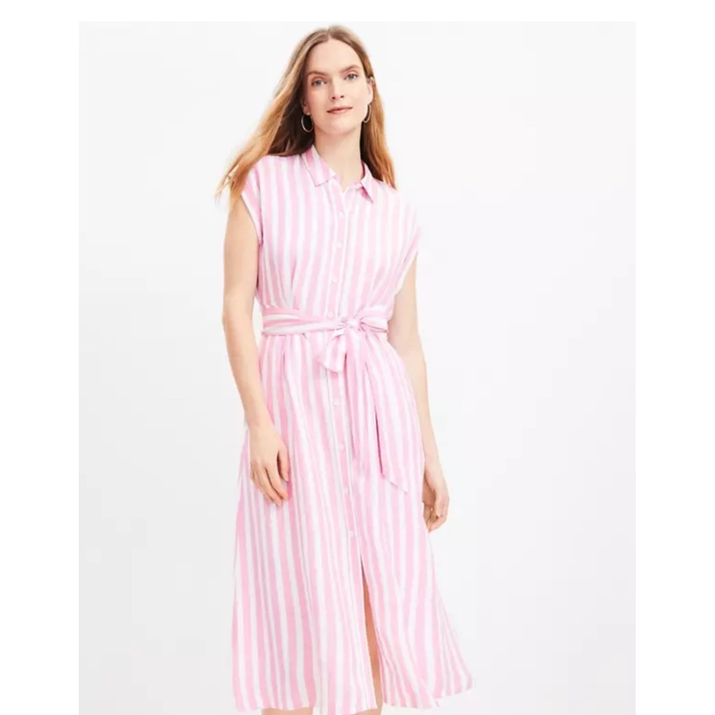 LOFT Poppy Stripe Midi Shirt Dress Women 18 Pink White Linen Blend Belted Pocket