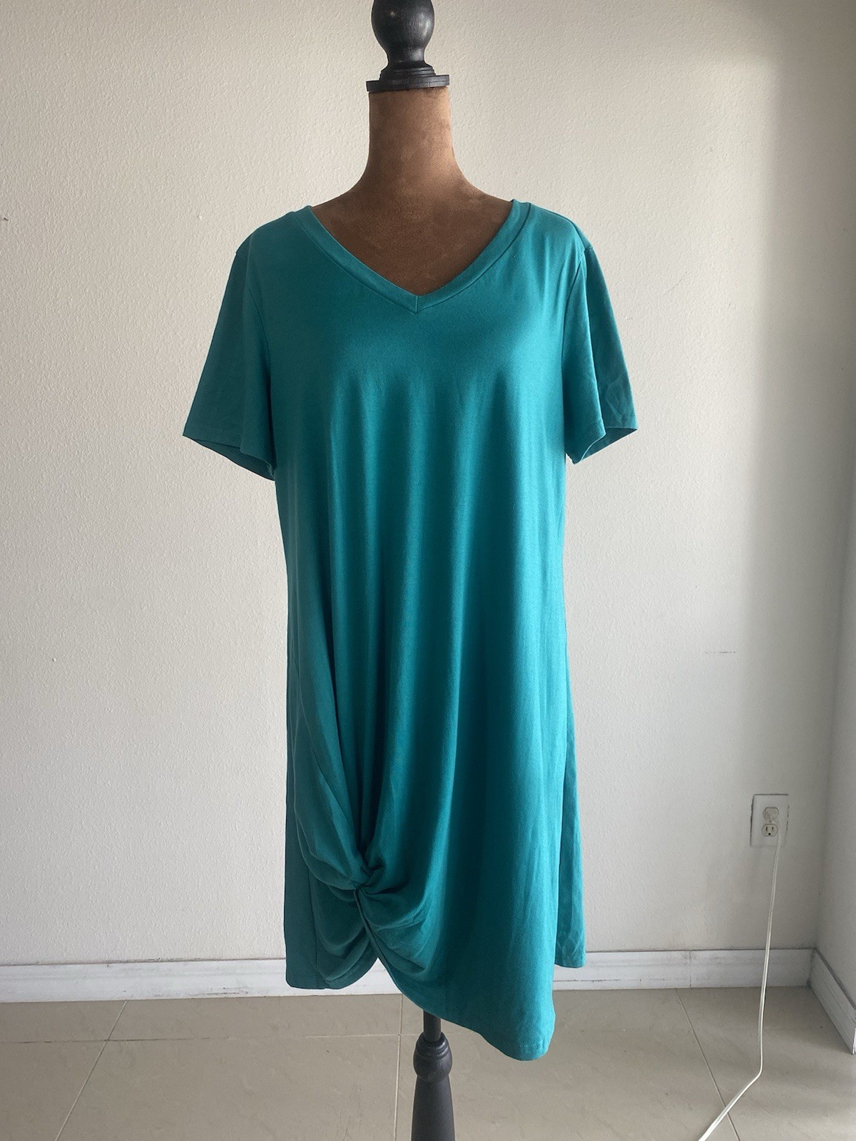 Locryz Women’s Teal T-Shirt Dress L V-Neck Short Sleeve Twist Knit Knee Length