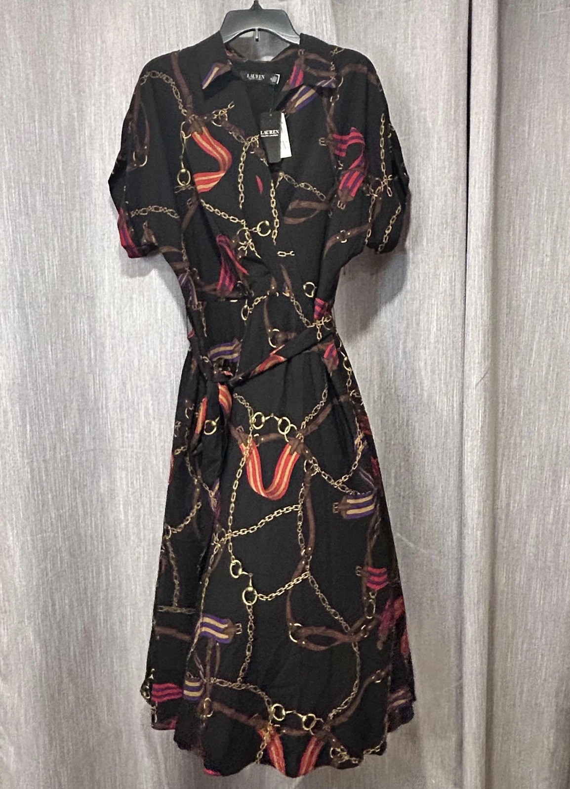 Lauren Ralph Lauren Shirt Dress Womens 16 Black Equestrian Chain Midi Belted NWT