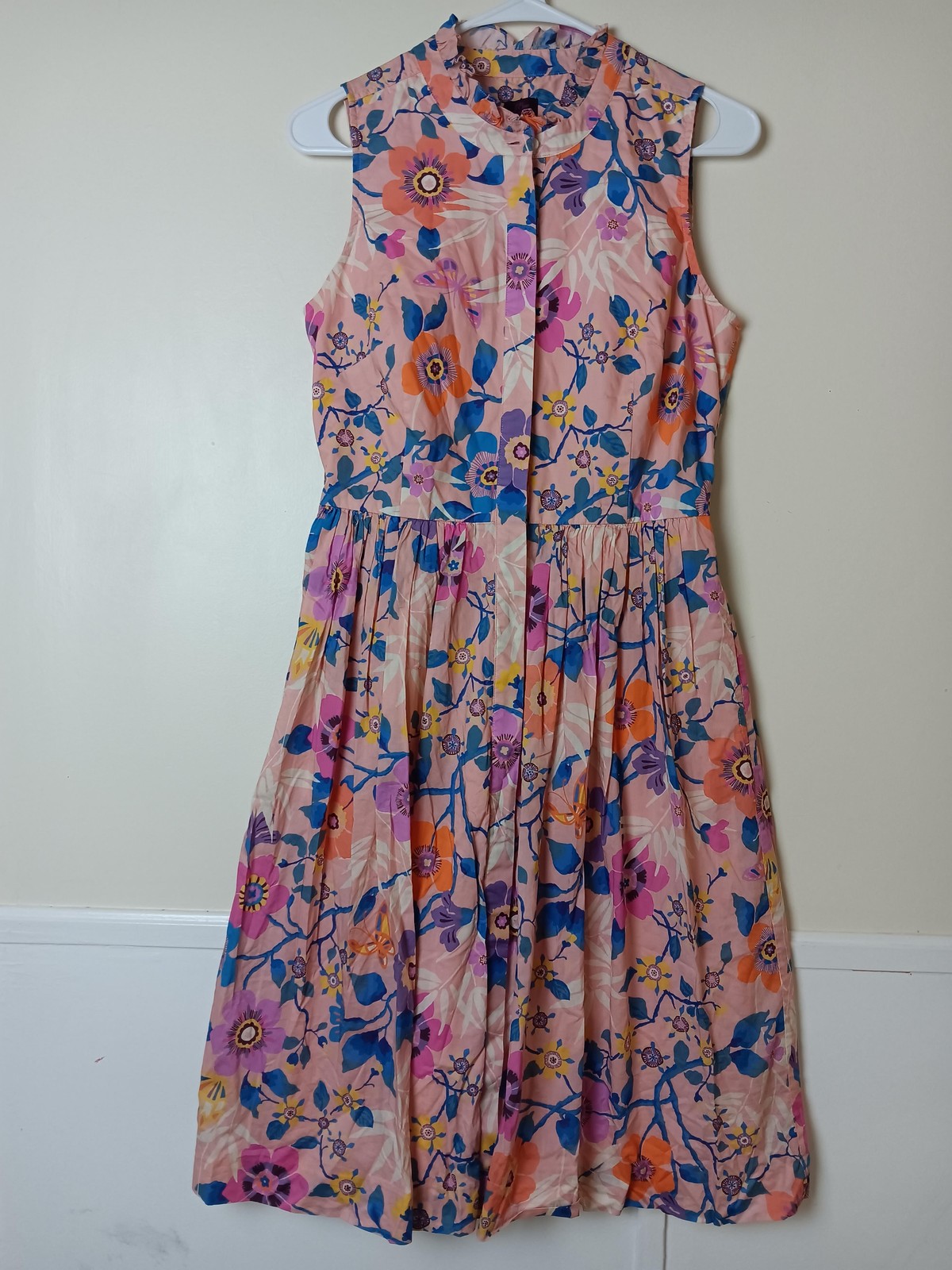 J.CREW Dress Womens 4 Pink Floral Fit & Flare Midi Collared Cotton Lined