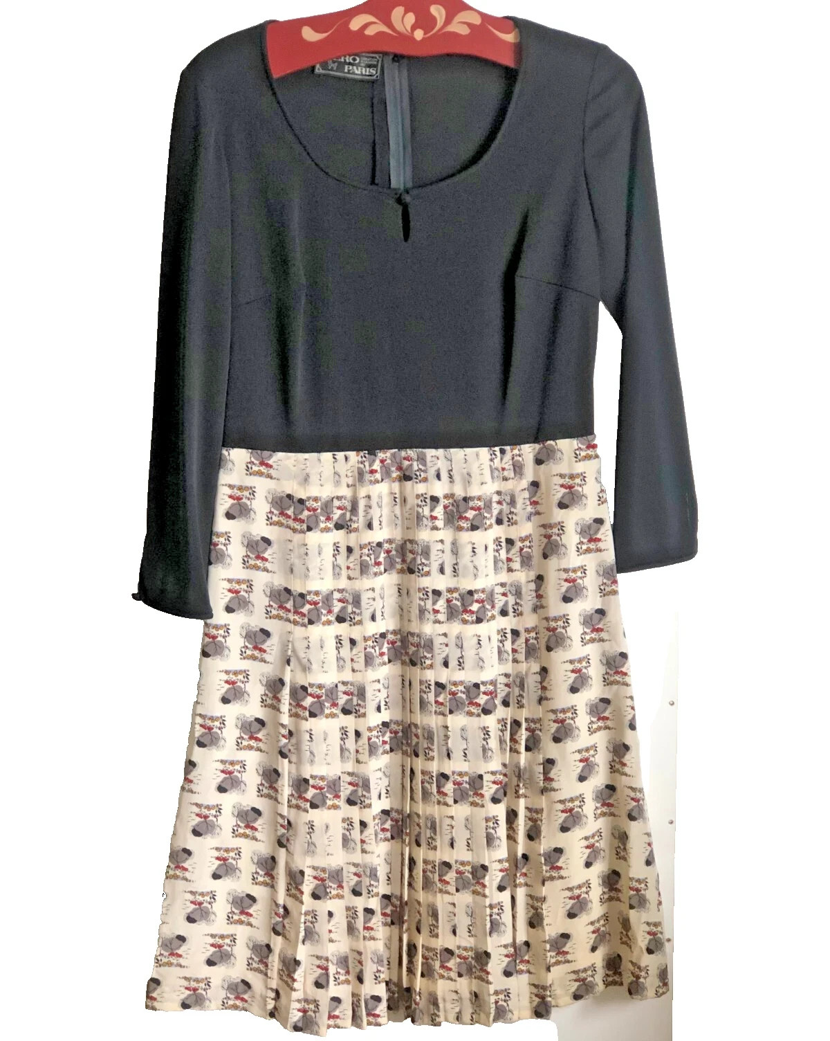 vintage womens dress hero paris size 42 silk wool pleated flowers trees motif