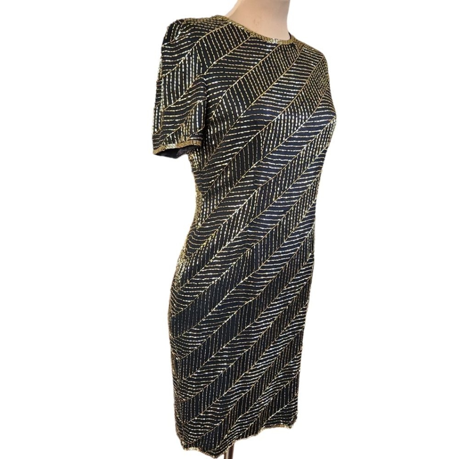 A.J. BARI Vintage 1980s Silk Beaded Sheath Dress – Size 10