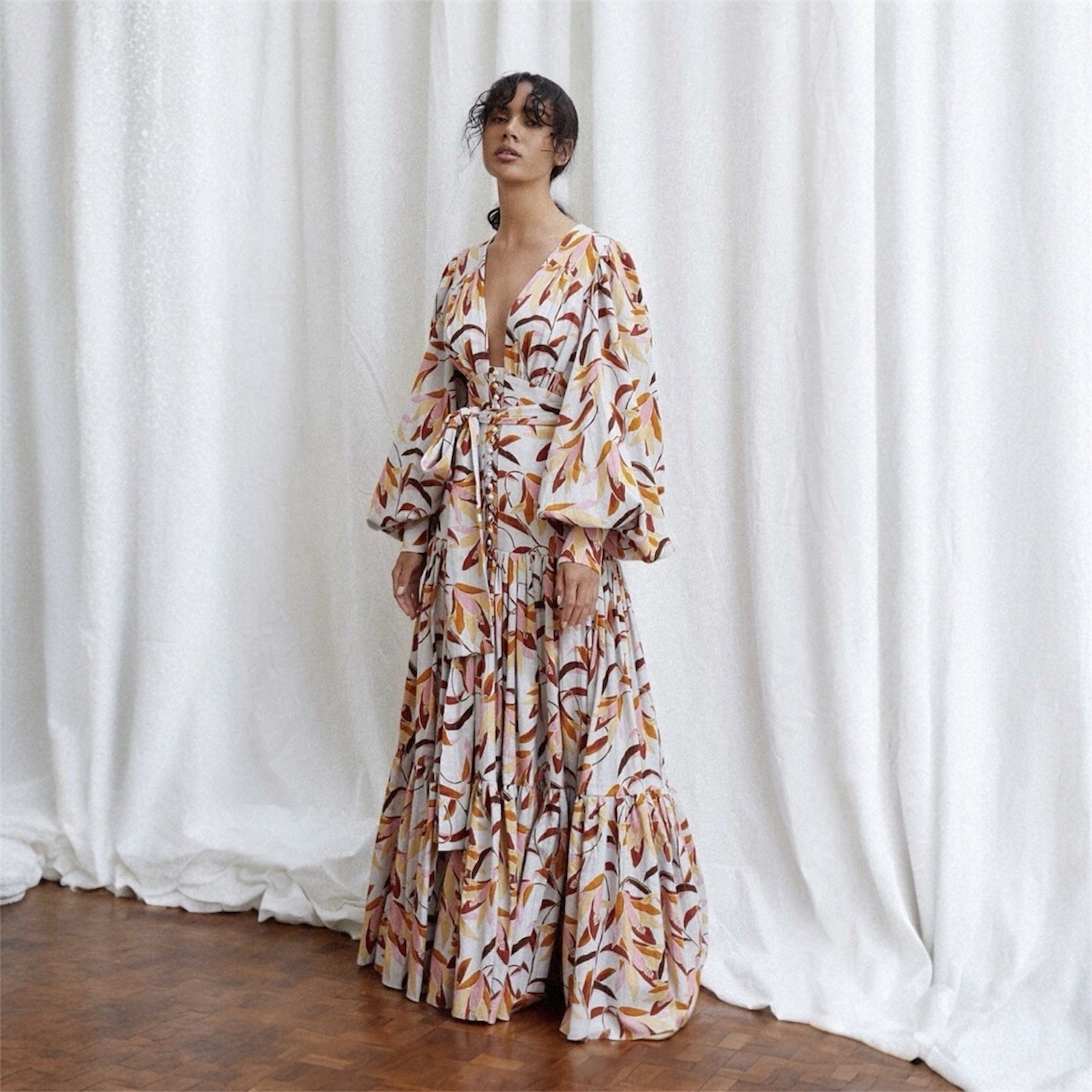 Acler Atlantic Maxi Dress Size 6 AU / 2 US Long Sleeve Belt Multicolour Floral