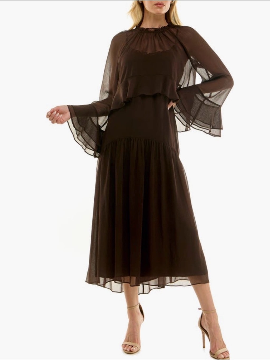 Socialite NWT Brown Chiffon Midi Dress & Sheer Bell Sleeve Overlay Set Size Med