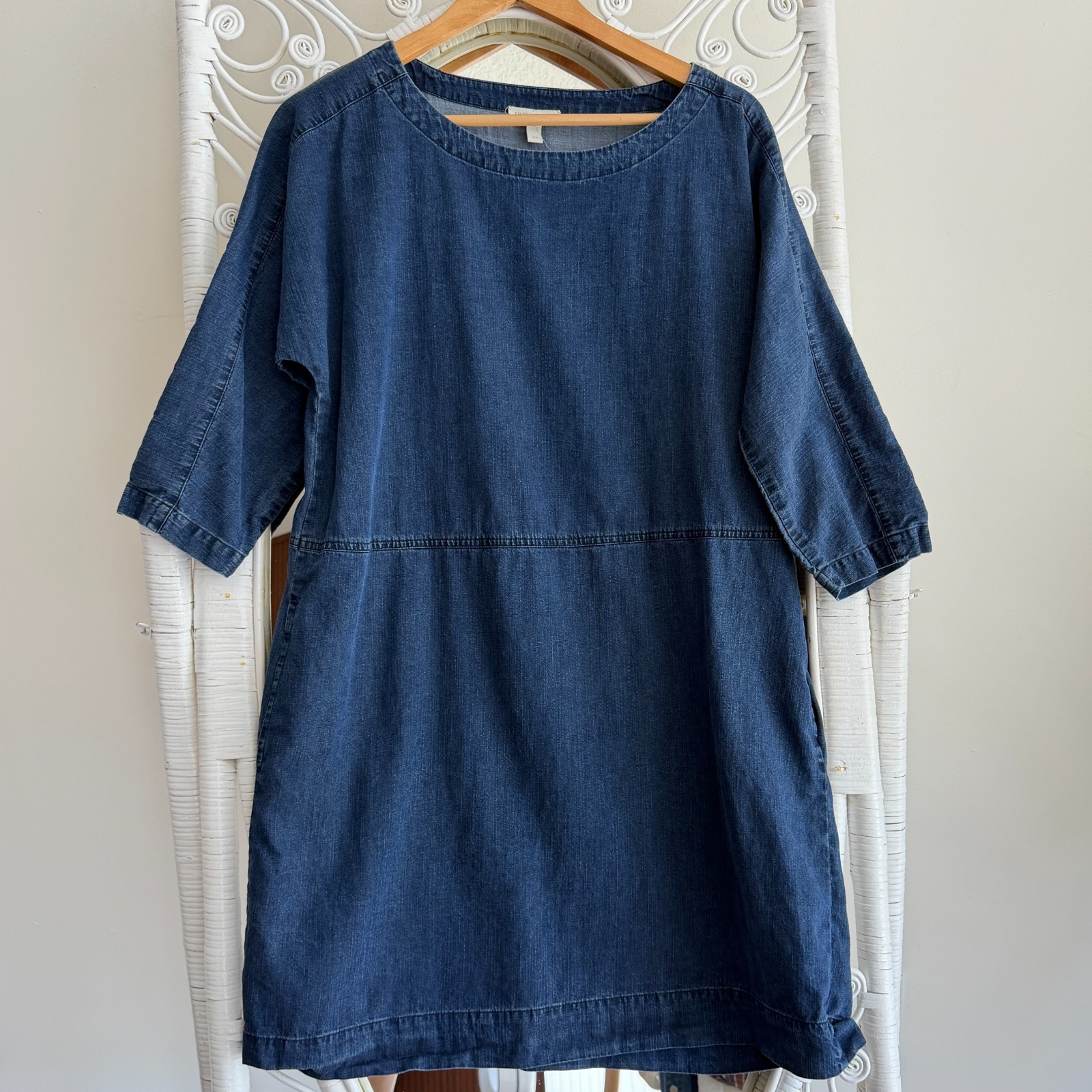 Eileen Fisher Tunic Dress Small Blue Tencel Cotton Denim Pockets Minimalist Jean