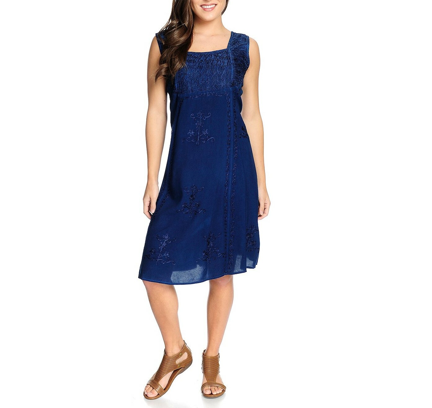 NEW OSO Casuals Woven Sleeveless Shirred Back Square Neck Embroidered Dress
