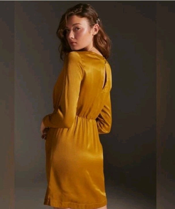 New!Anthropologie Maeve Mustard Gold Satin Wrap Mini Dress Size XS P casual Boho