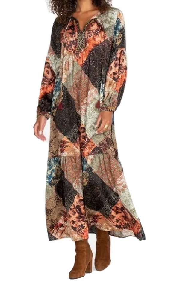 Johnny Was Dress Womens M Mabel Silk Boho Patchwork Tiered Peasant NWT $410