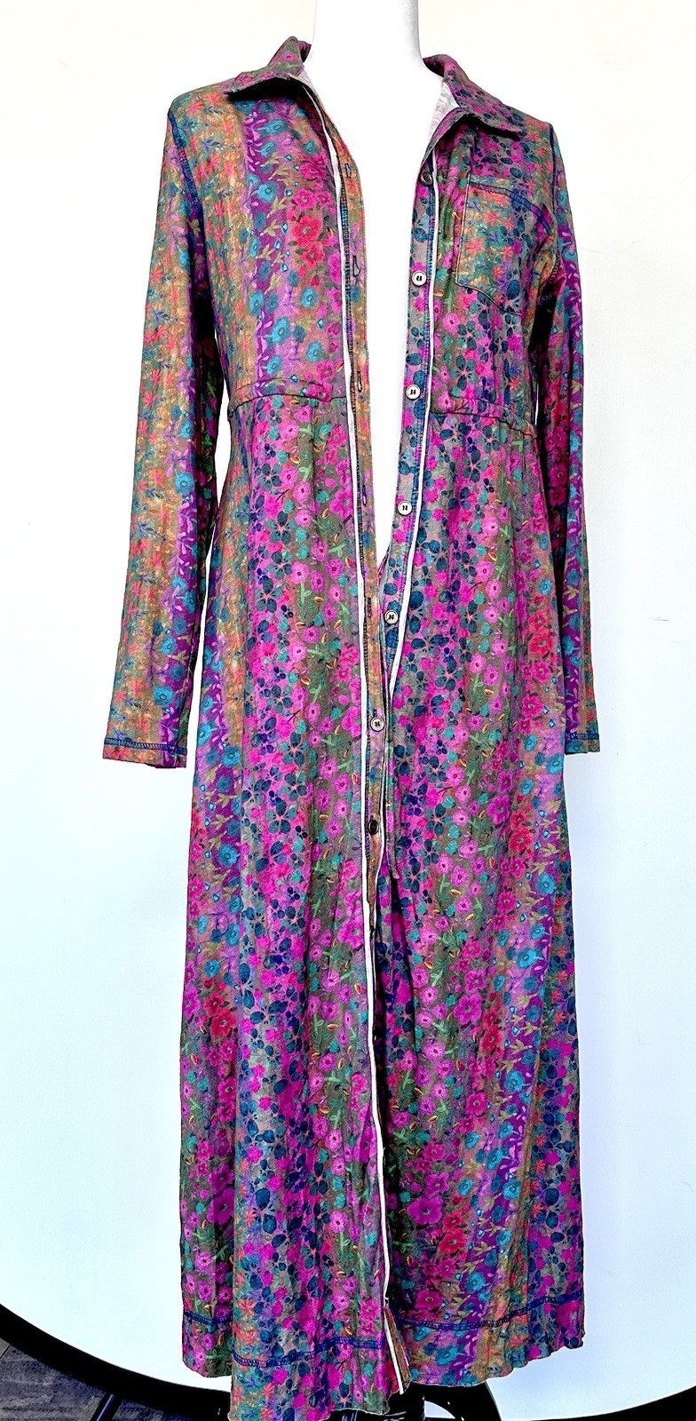 Button Down Brushed Cotton Knit Floral Dress LS NWT Raw Seam