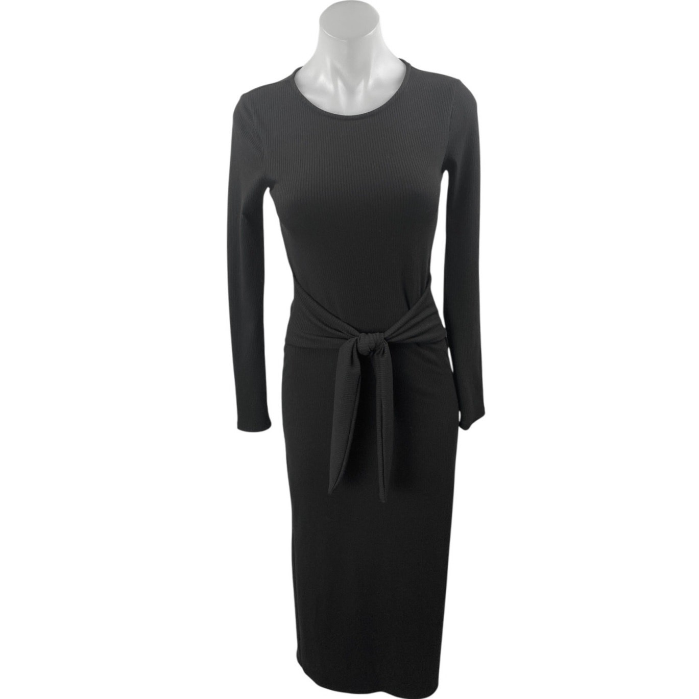Aqua Women’s Black Rib Knit Tie Waist L:ong Sleeve Midi Bodycon Sweater Dress XS