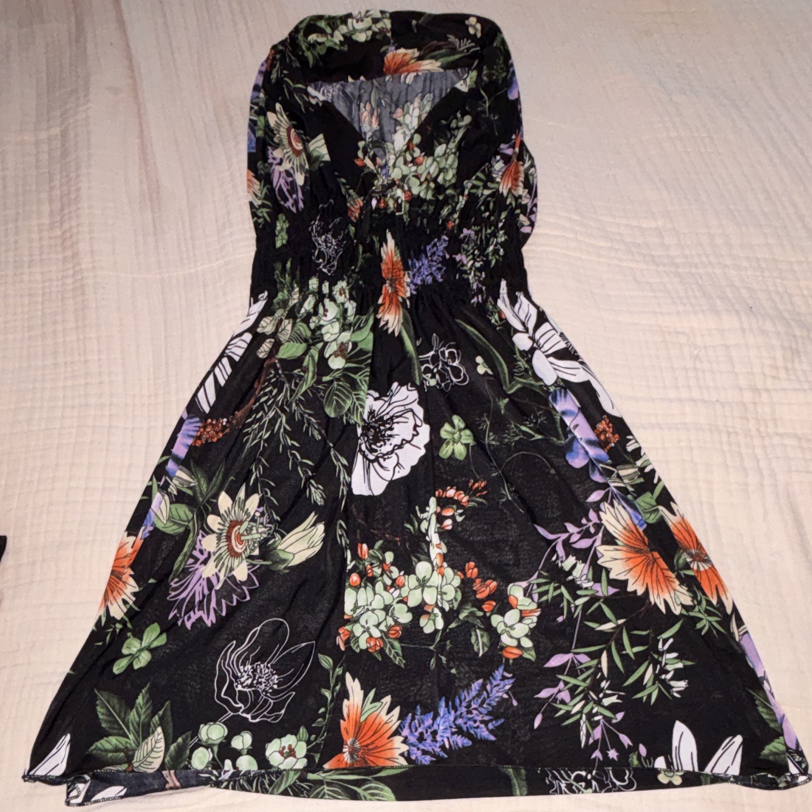 Women’s Strapless Sleeveless Floral Sundress Short Black Multicolor L/XL