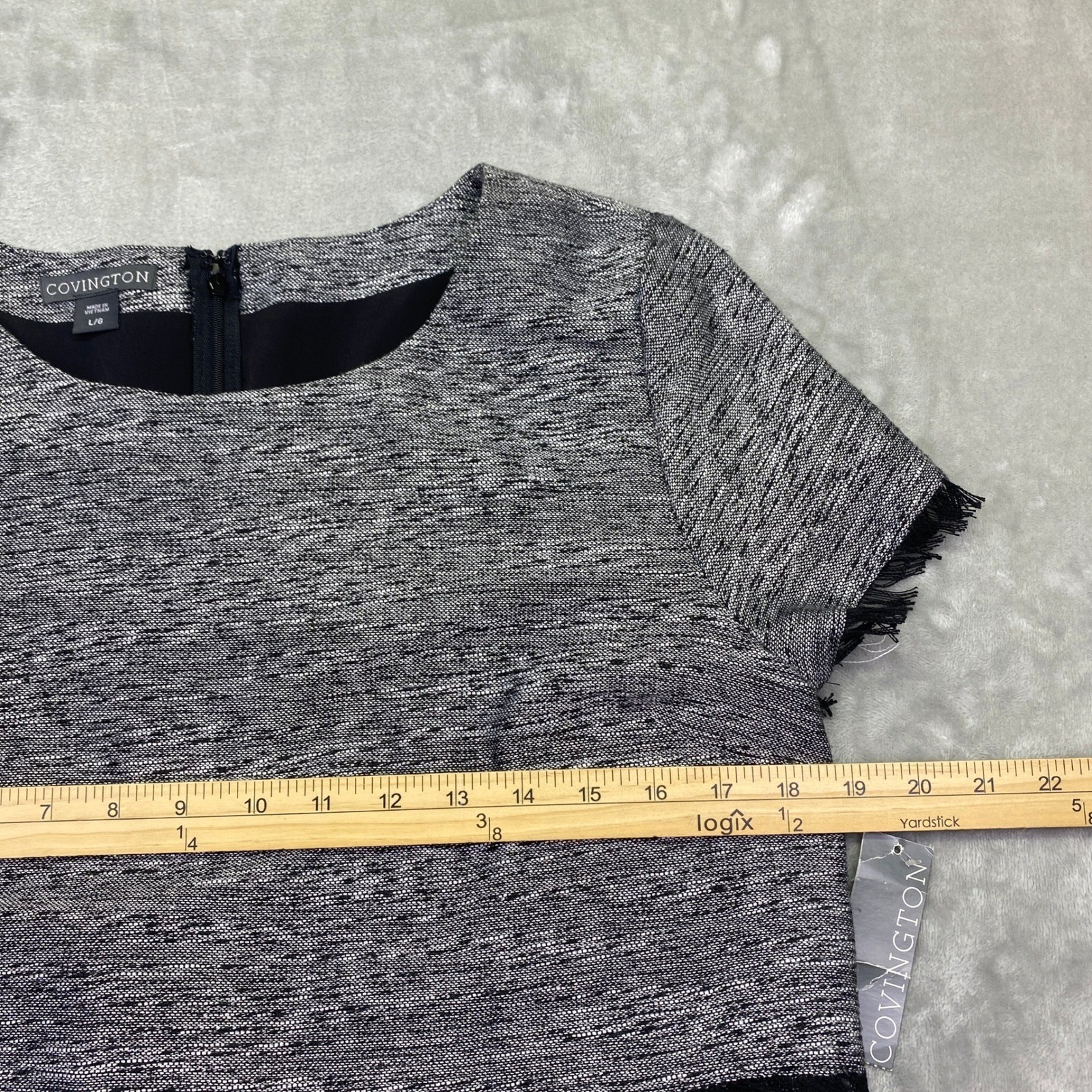 Covington Missy Cropped A Line Dress Silver Lurex Tweed Fringe Gray Large NWT