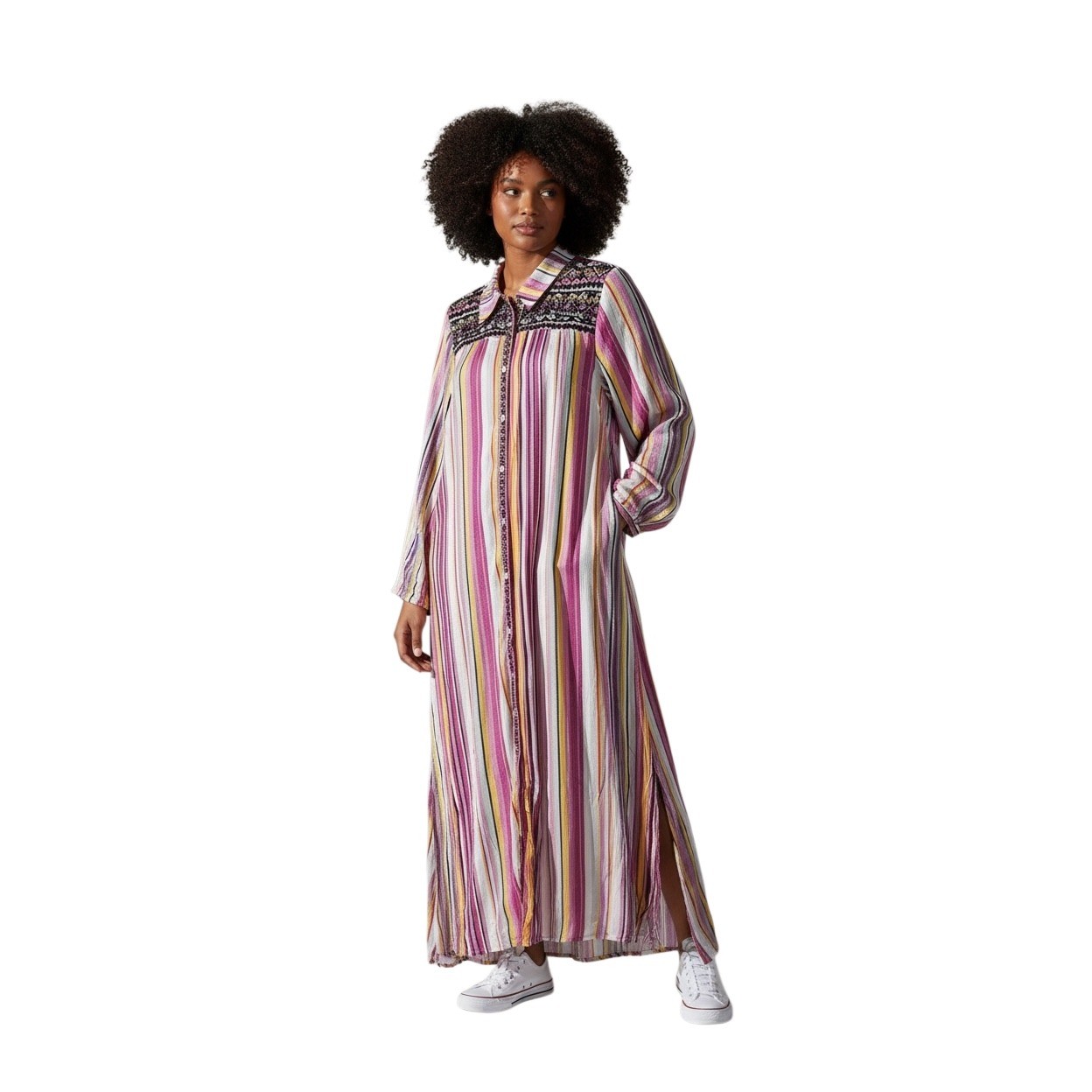 Savanna Jane XL Striped Embroidered Maxi Shirt Dress Pink Yellow Boho M93084