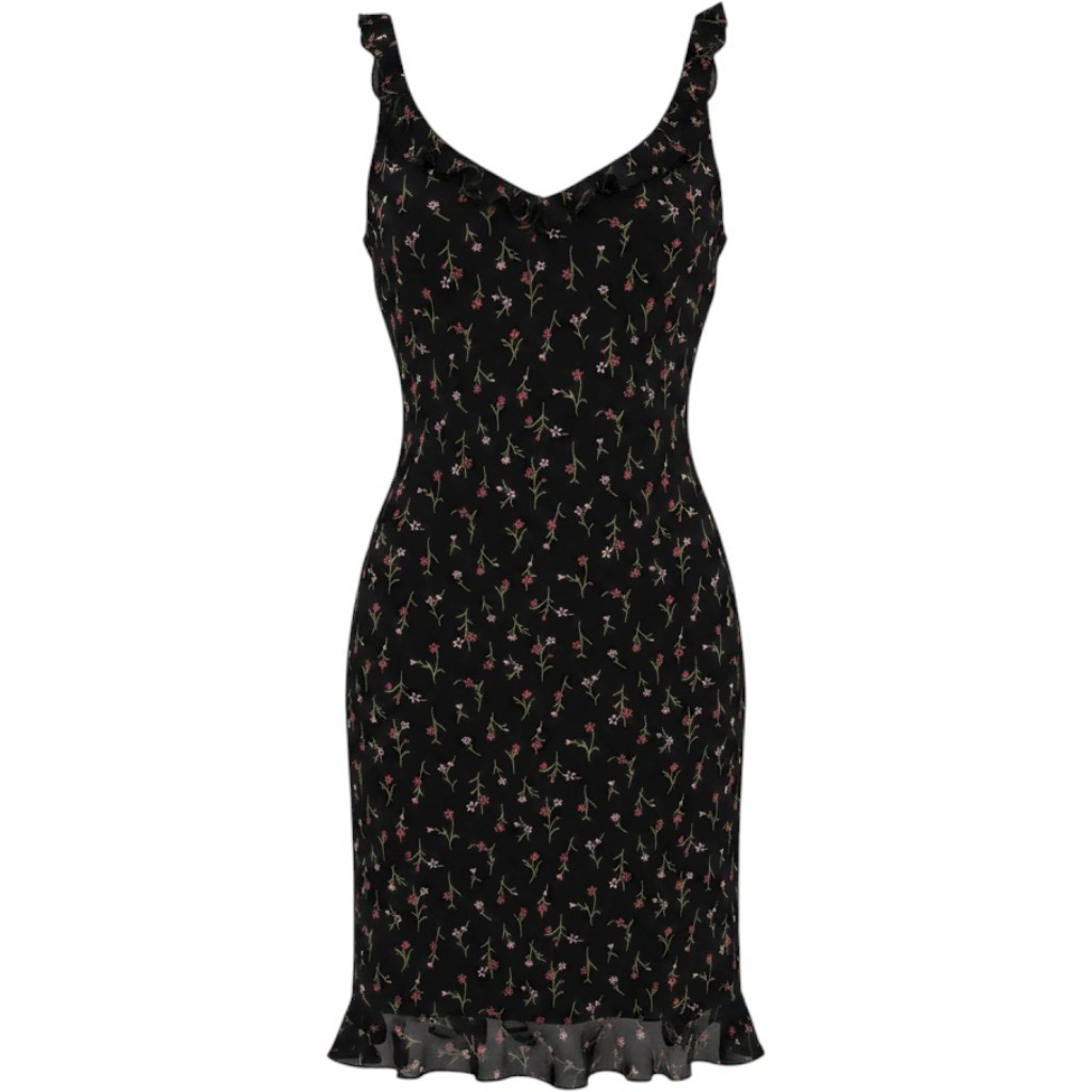 David Warren New York Black Floral Ruffle Midi Dress Sleeveless Rayon Size 6