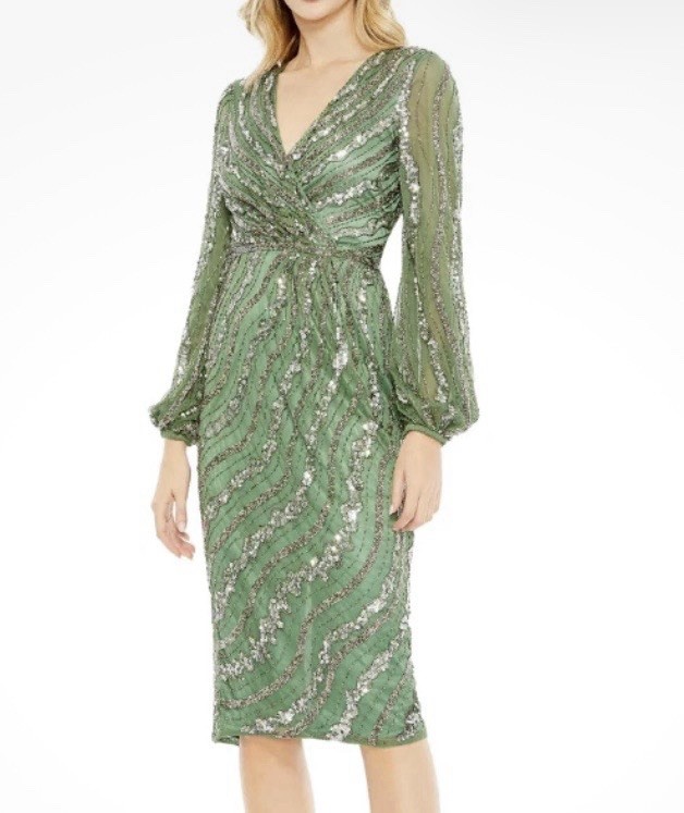 Mac Duggal # 5573Green Sequin V-Neck Balloon Long Sleeve Midi size 12 $498