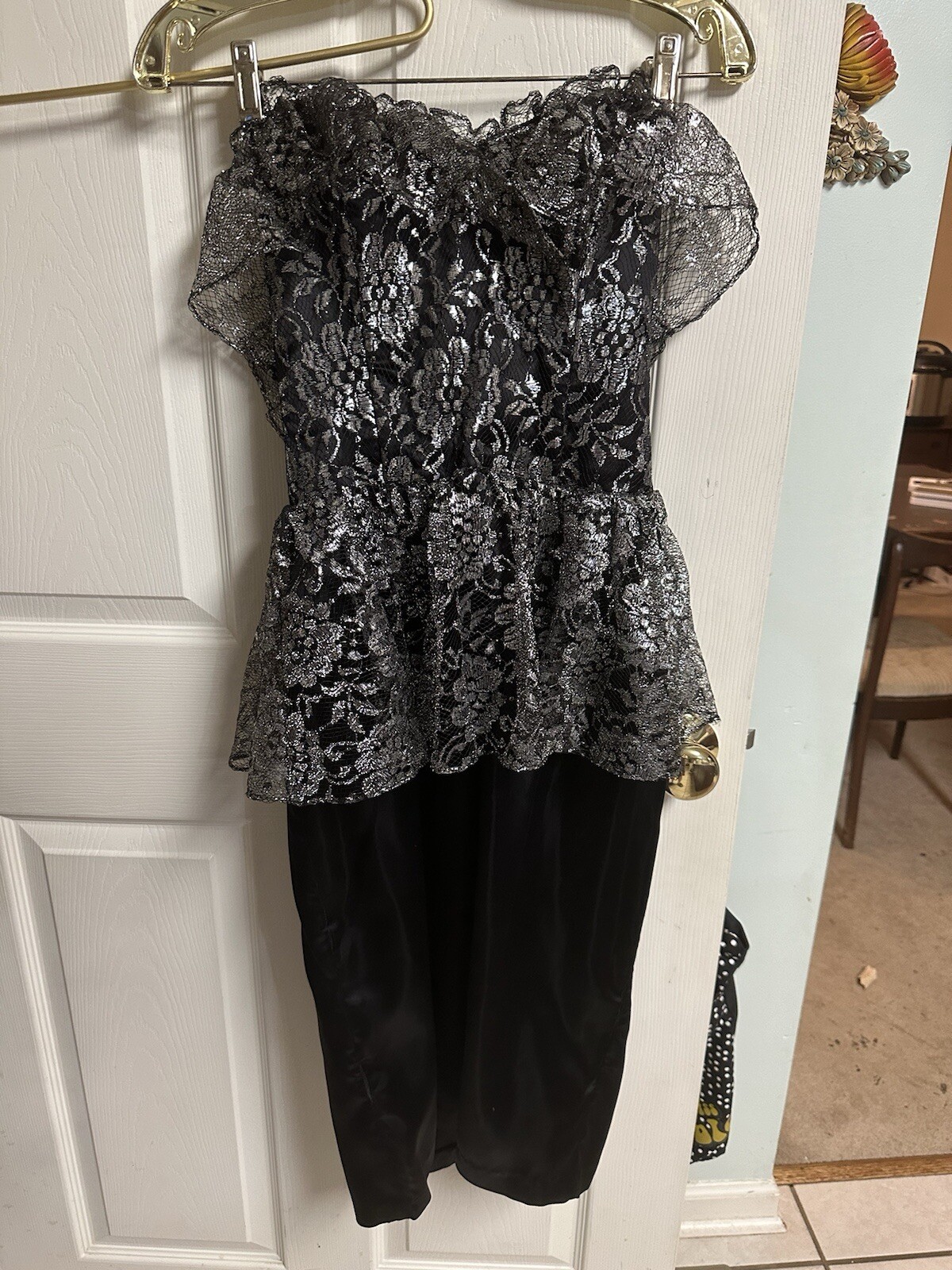 80s 90s Jolie Madame Strapless Cocktail Dress Black Lace Metallic Silver Peplum