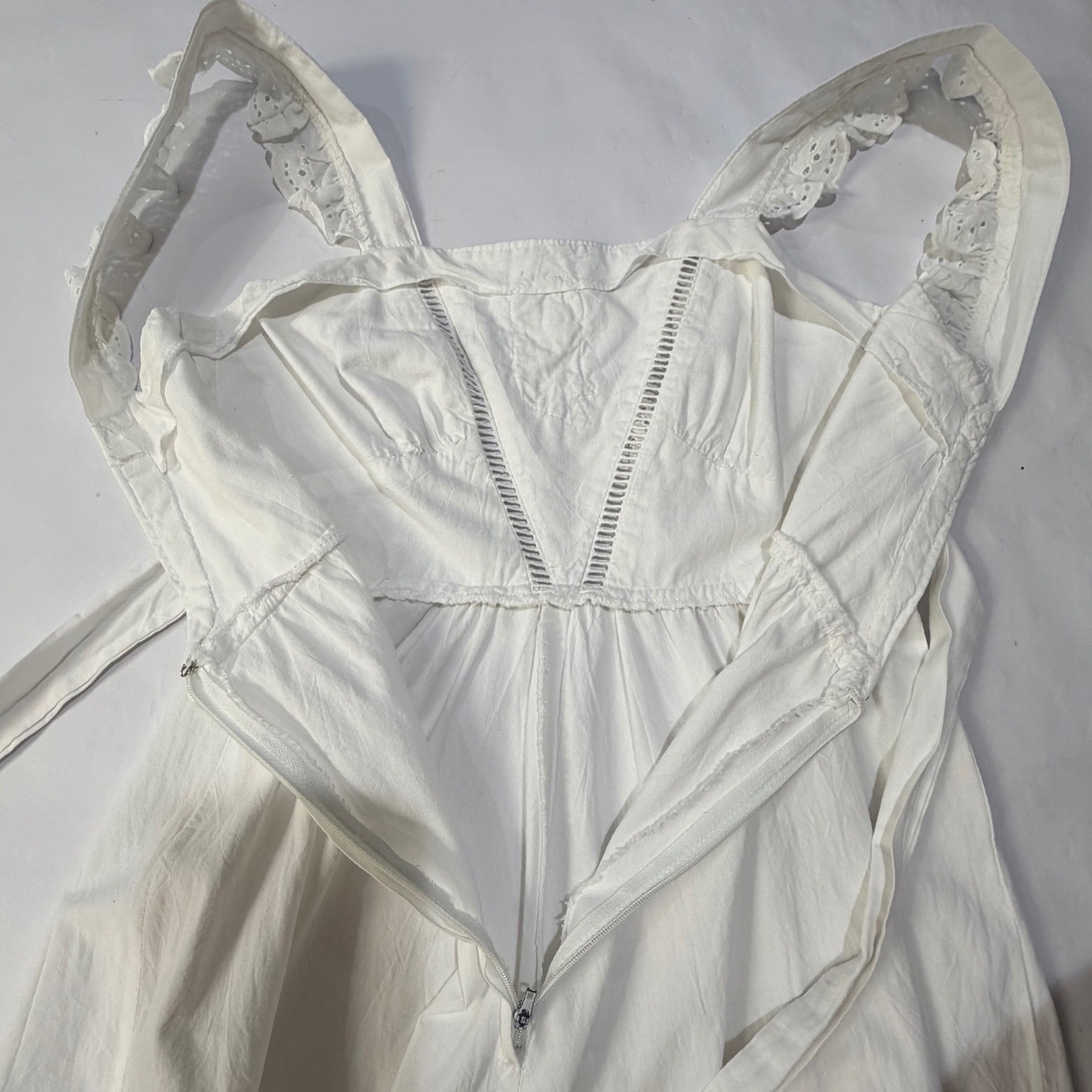Vintage White Cotton Eyelet Lace Maxi Dress Embroidery V-Back Summer Boho XS