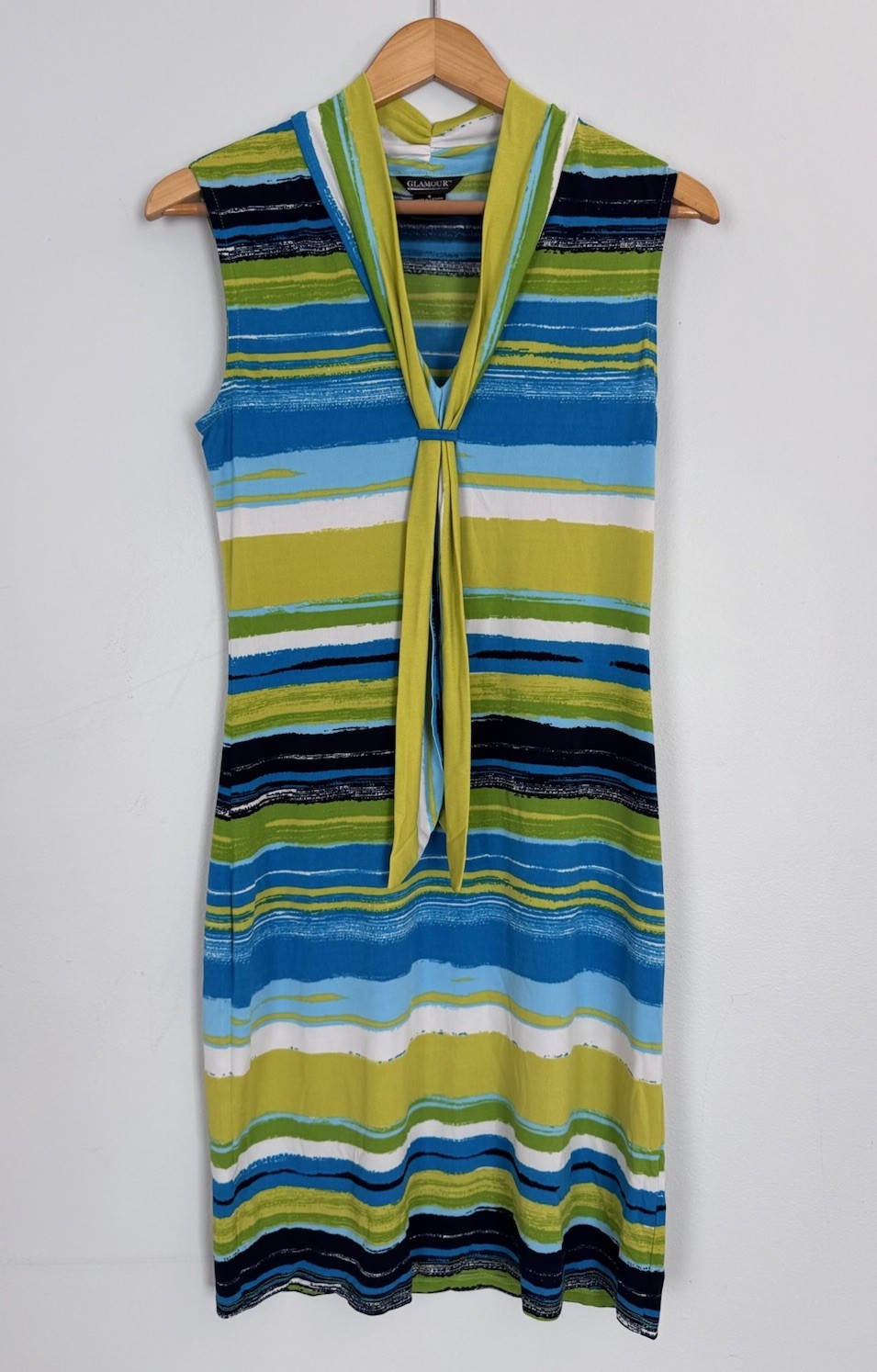 Glamour Womens Size 6 Sleeveless Midi Dress Tie Neck Blue Green Stripe Stretch