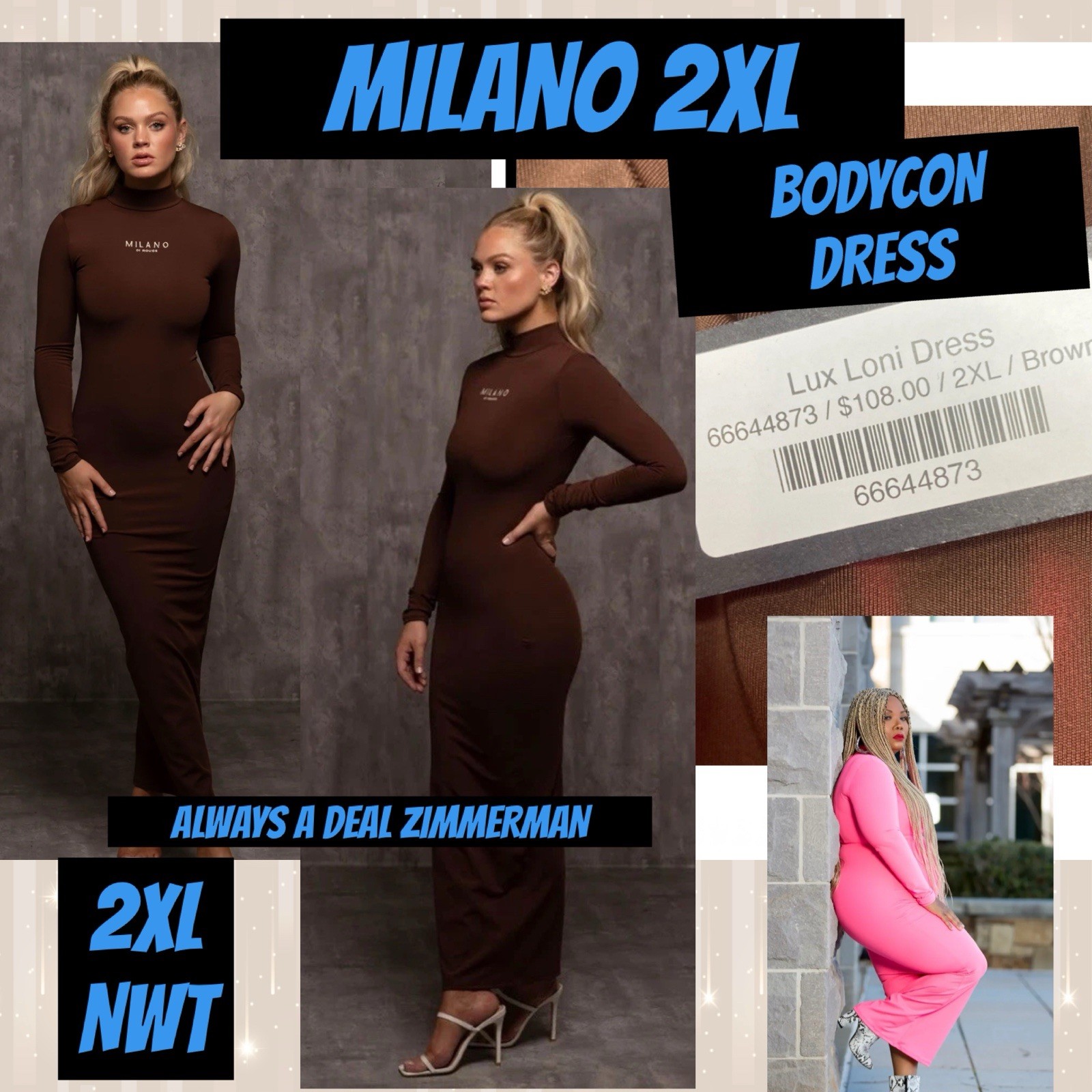 Milano Di Rouge Women’s Long Sleeve Bodycon LUXLoni Dress CA4 BROWN 2XL NWT ATL