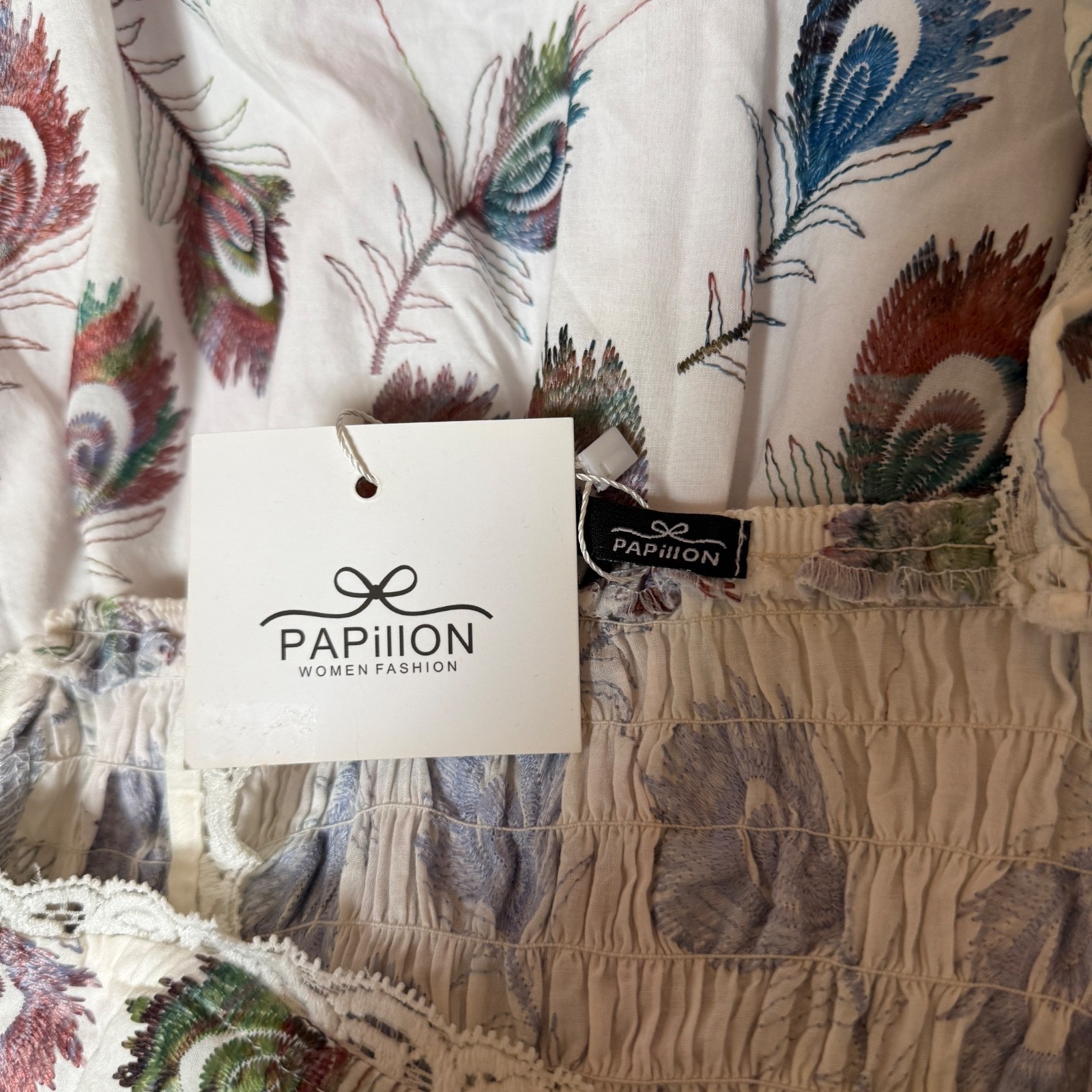 Papillon Embroidered Peacock Feather Maxi Dress Boho Festival Core Smocked Back