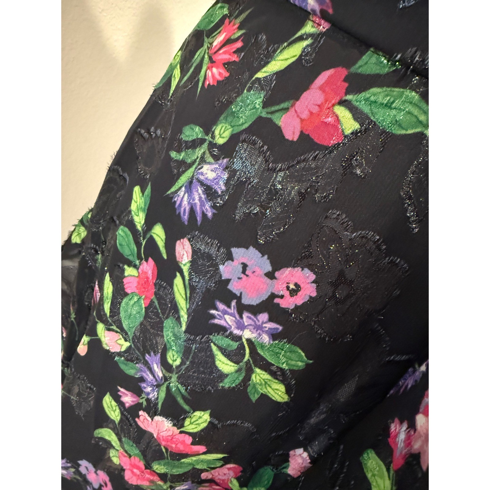 Adrianna Papell Black Floral Metallic Detail Ruffle Asymmetrical Dress 2