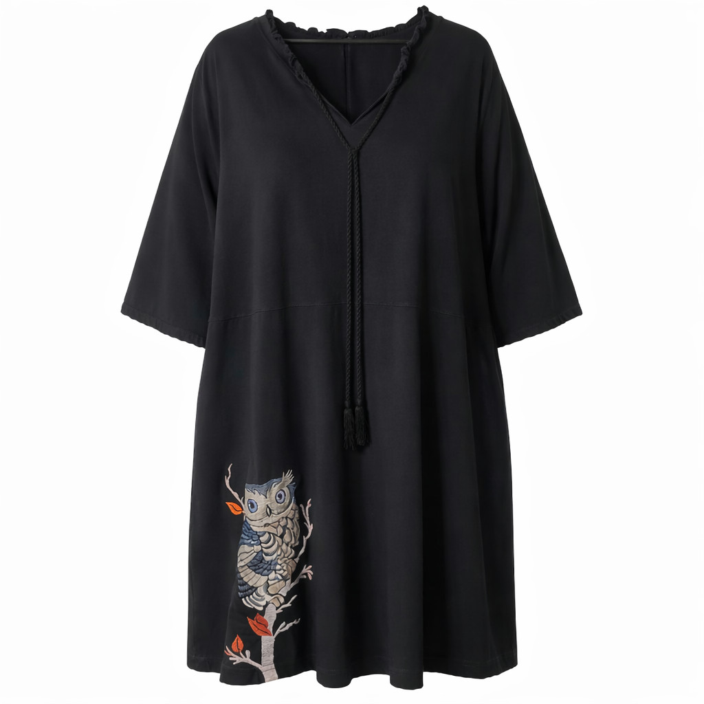 eShakti 6X Owl Embroidered Cotton/Spandex Dress Black Witchy Gothic Pockets 36W