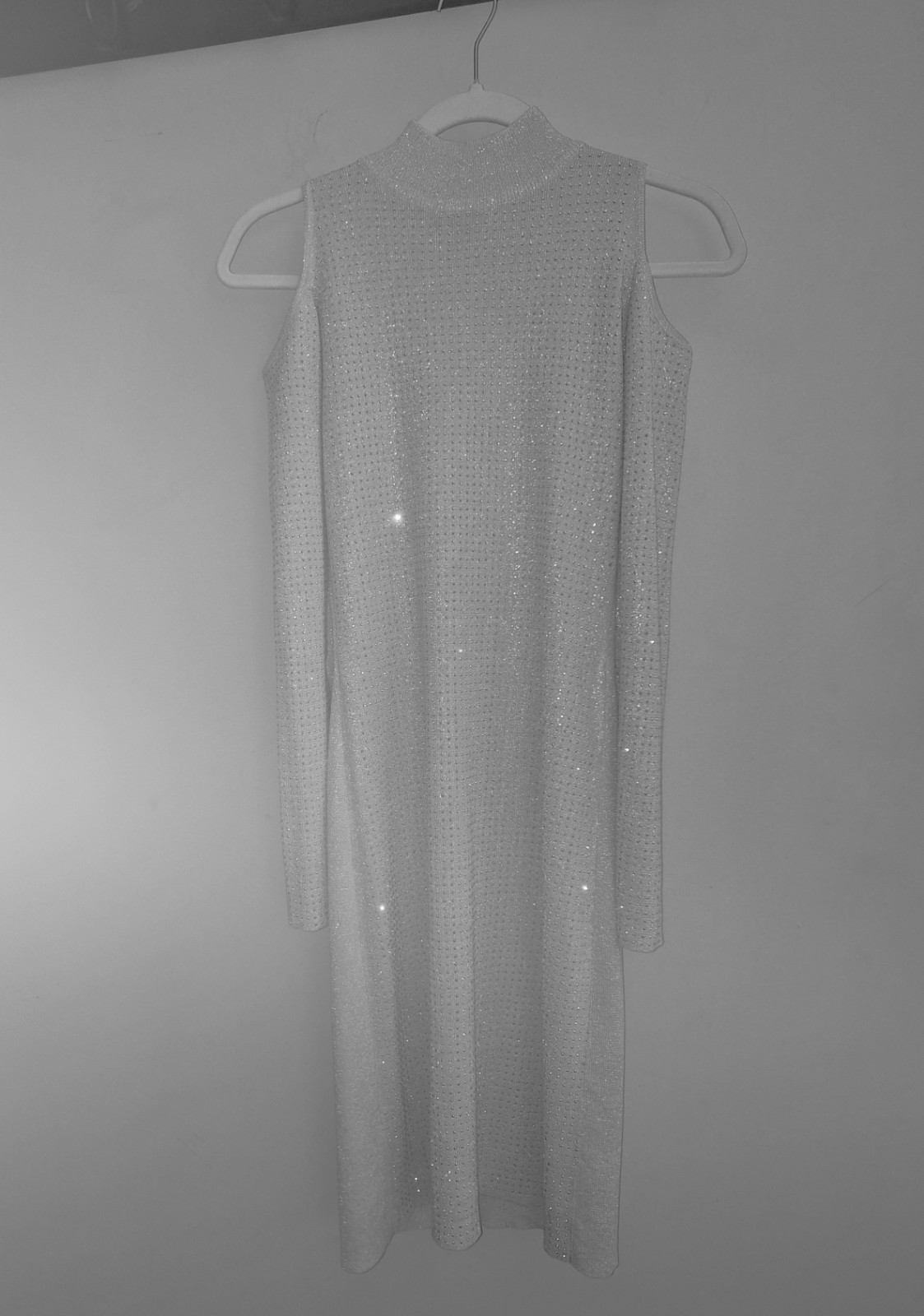 Womens Clear Sequin Mock Neck Long Sleeve Fit & Flare Short Mini Dress S/M
