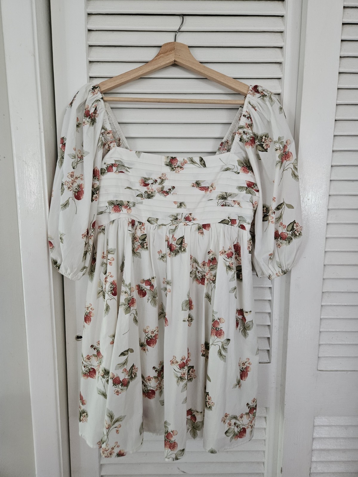 Emerson Poplin Puff Sleeve Square Neck Mini Dress Floral White Pink Green L