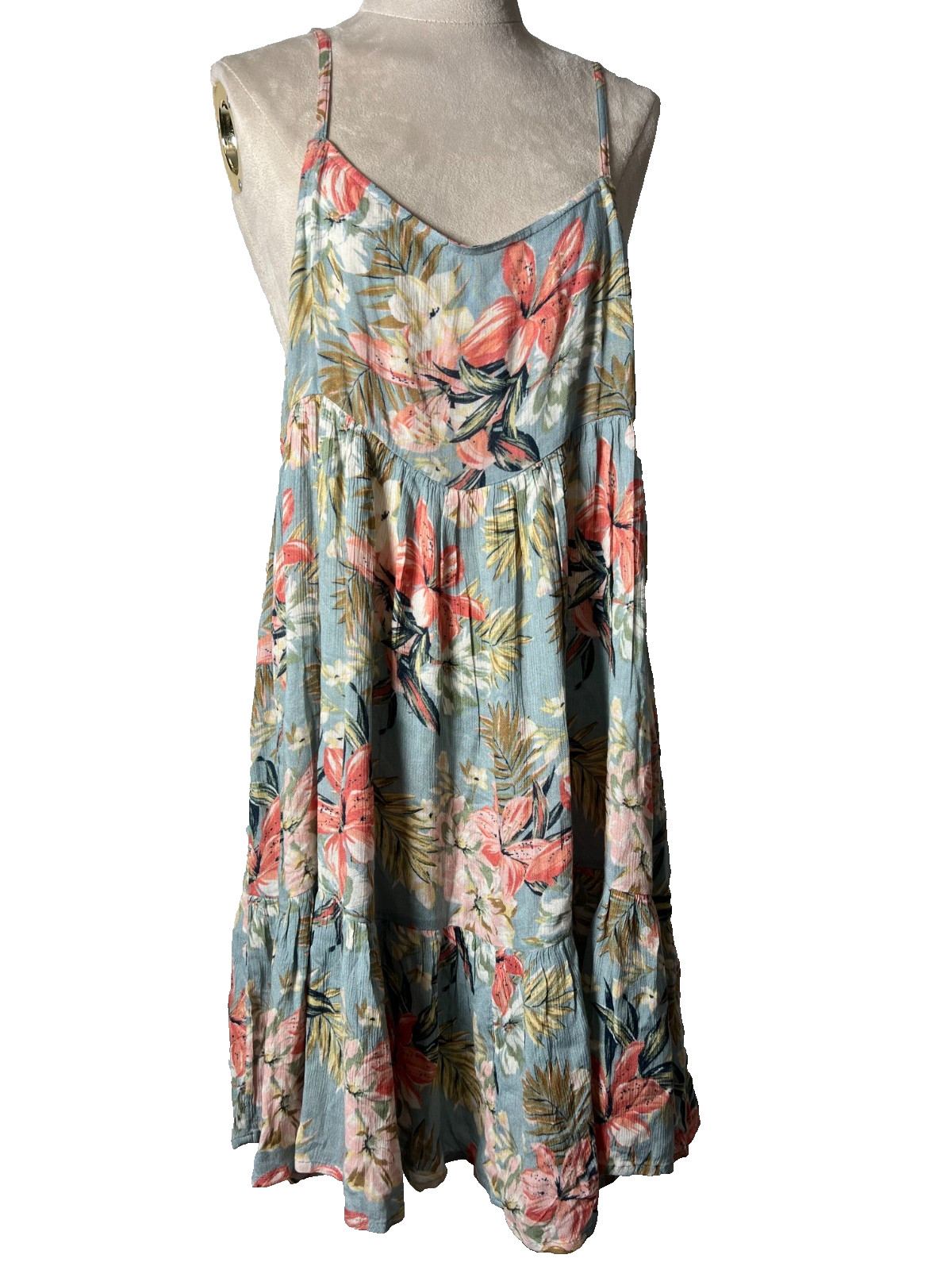 Oneill baby doll tropical floral summer sun dress XL beach resort flowy ruffle