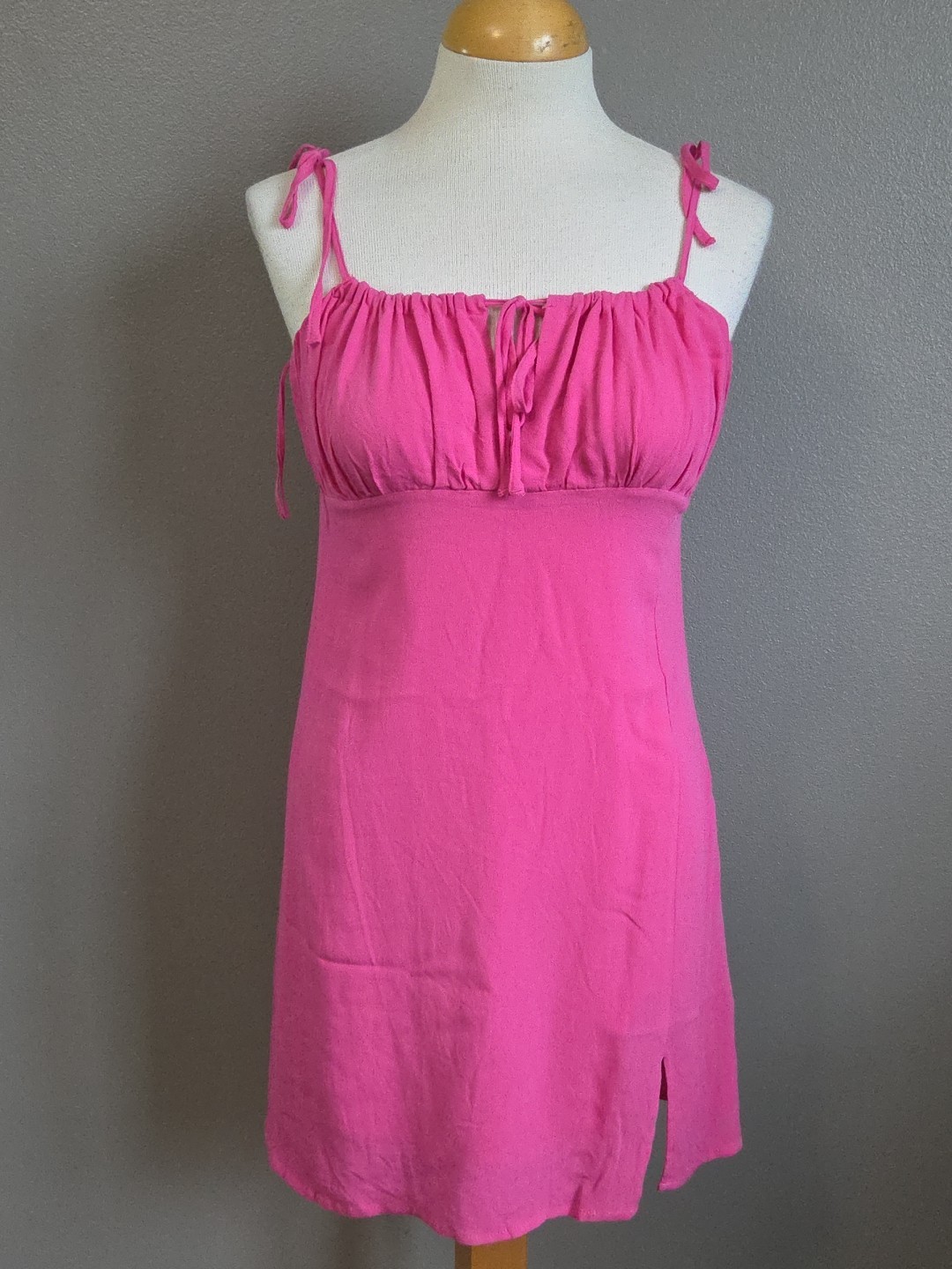 NWT Garage | Size Small | Pink Tie Strap Mini Dress Lined Slit Ruched Smocked