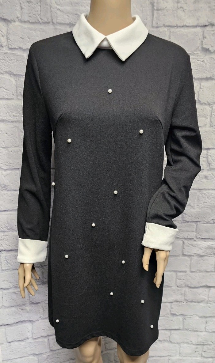 SHEIN M BLACK CUFF LONG SLEEVE PETER PAN COLLAR PEARL FRONT KEYHOLE SHIFT DRESS