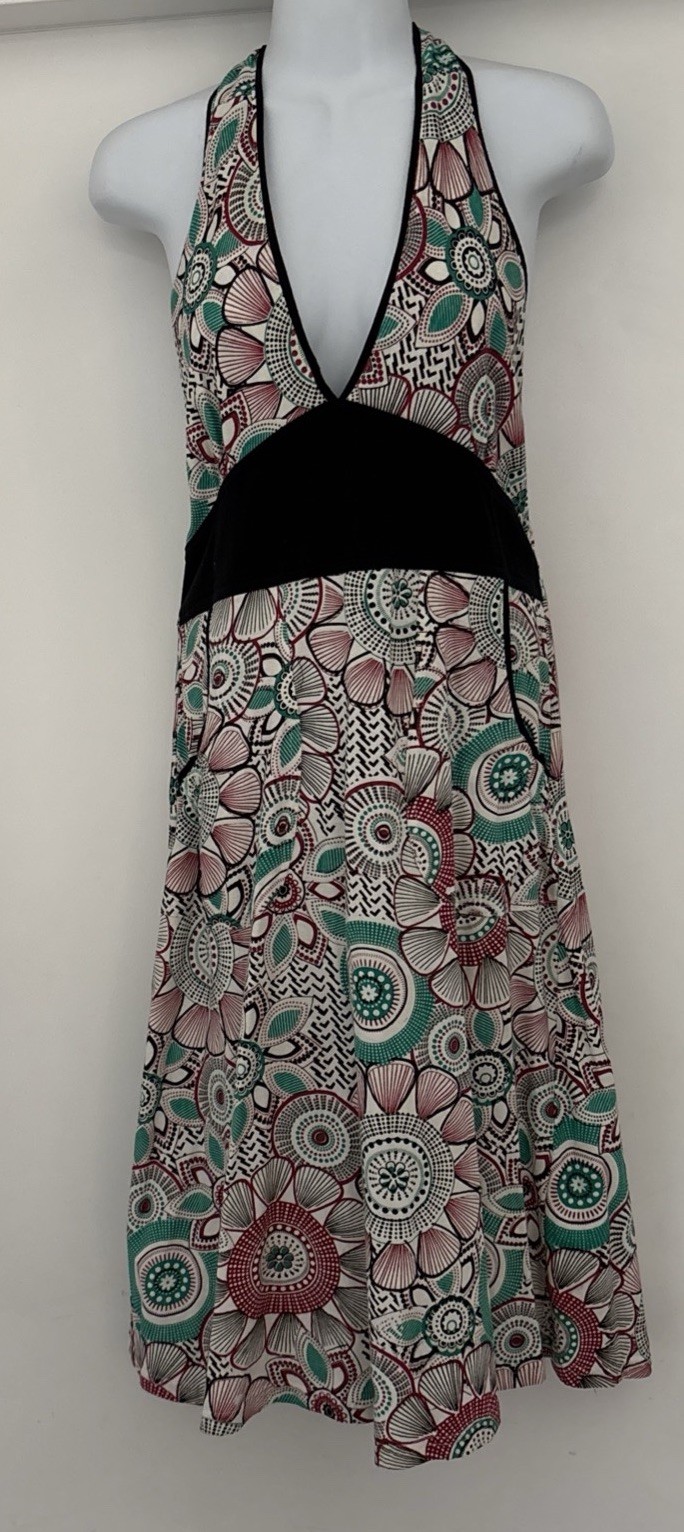 EUC Jayli Open Back Tie Halter Midi Dress Green Black Hippie Beach Boho M