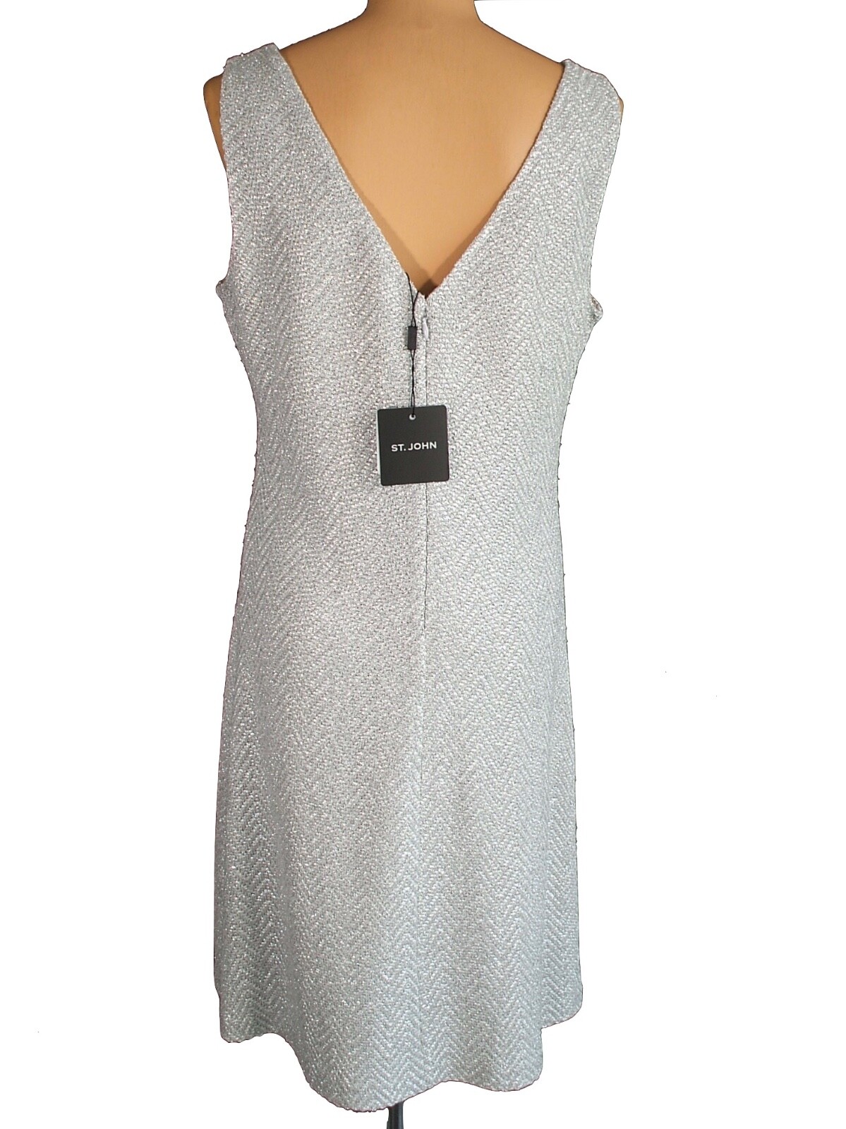 NWT ST. JOHN Silver Sparkle Chevron Knit Tweed Sheath Tank Dress sz 14 $1495