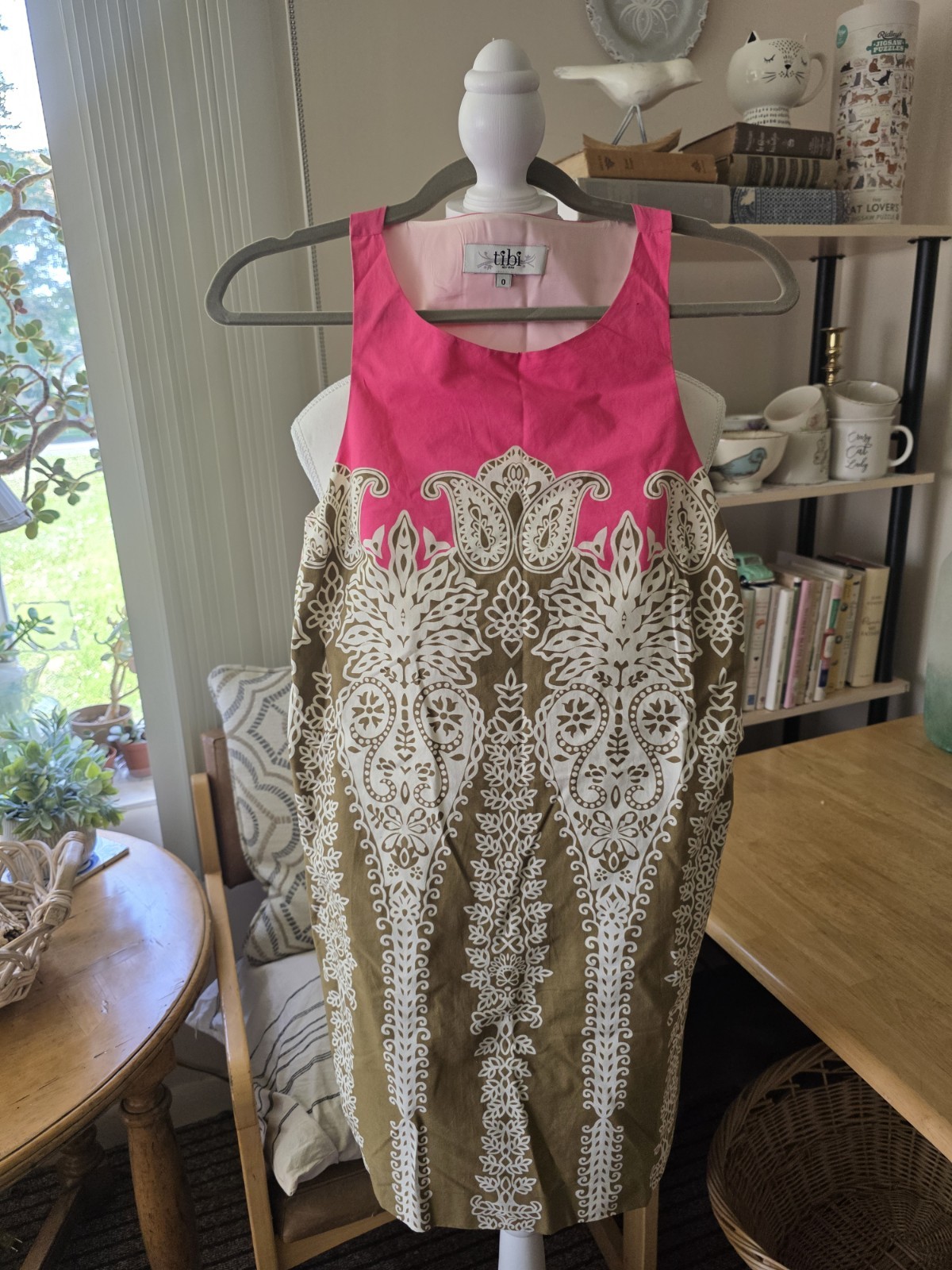 Tibi 0 Cotton Sleeveless Scoop Neck Floral Shift Knee Dress Lined Pink NYC