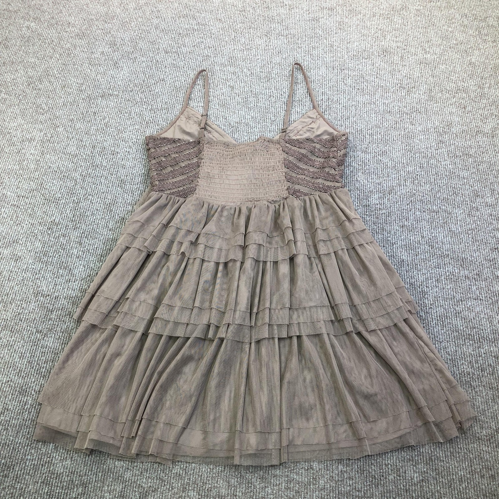 Lucky Brand Dress Womens Small Brown Beaded Smocked Tiered Mesh Party Mini
