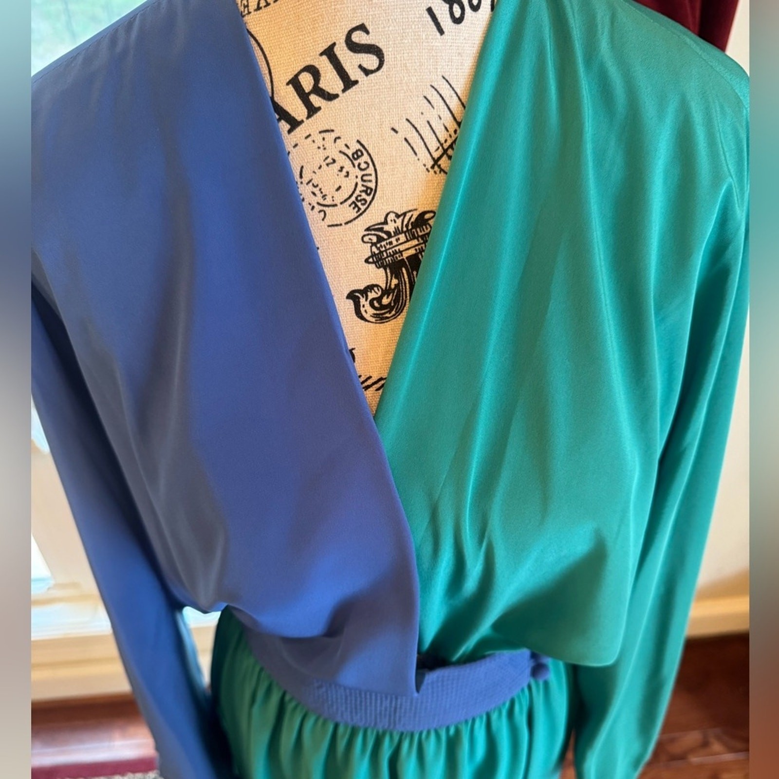 Adele Simpson Vintage Color Block Bat Wing Dress Blue Green Flowy Long Sleeve 8