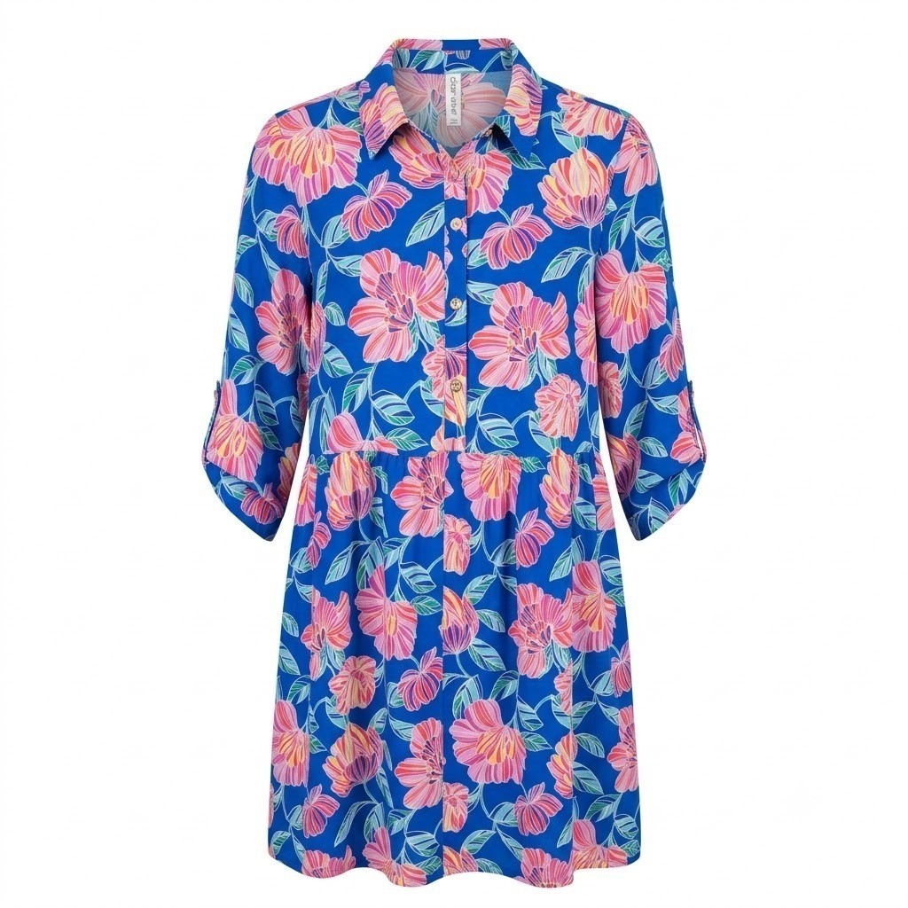 NEW Dear Scarlett 2X Blue Pink Floral Wrinkle Free Roll Tab Shirt Dress