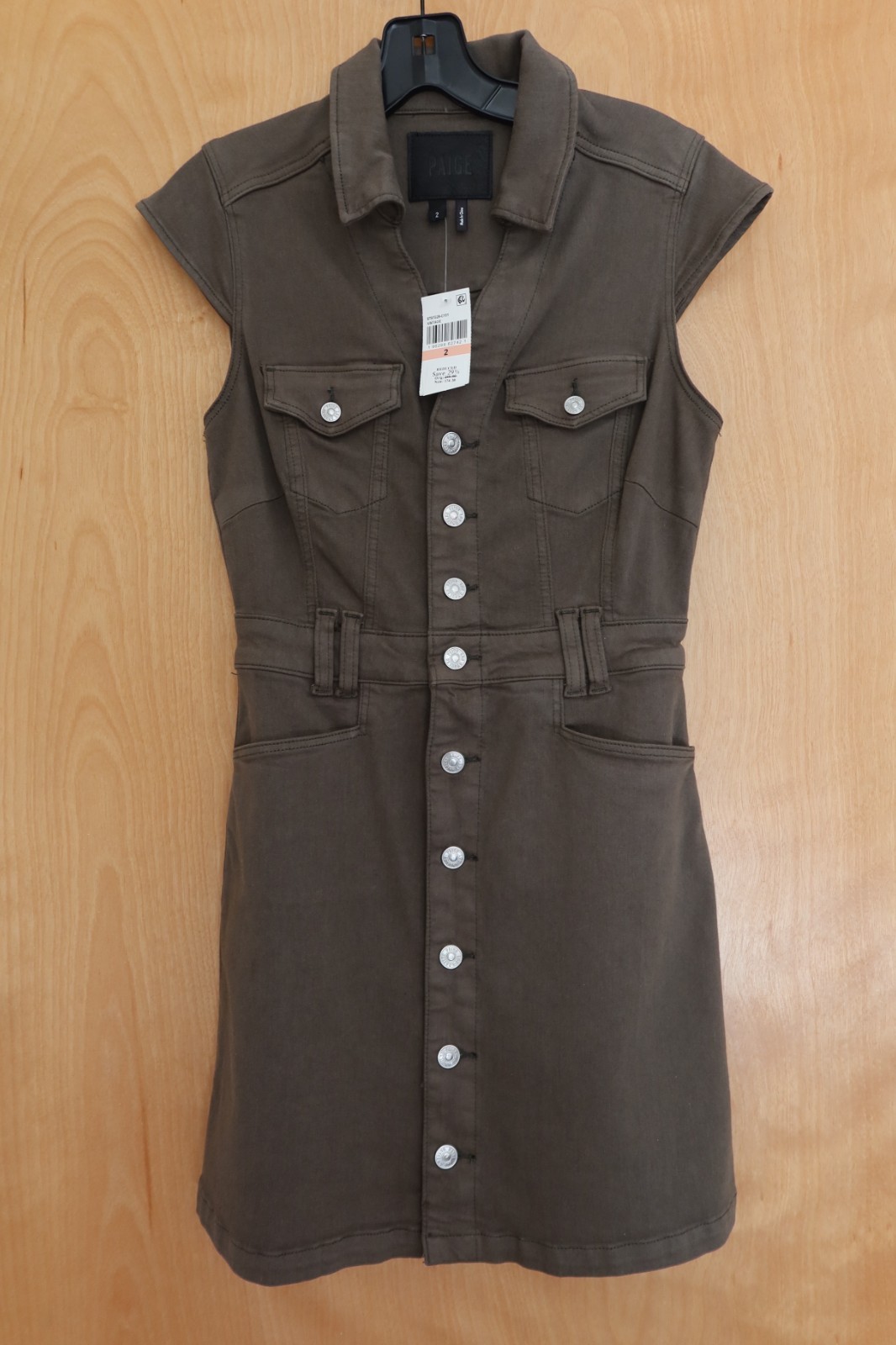 NWT! $249 Paige Jaxsyn denim mini shirt dress olive green & silver buttons sz 2