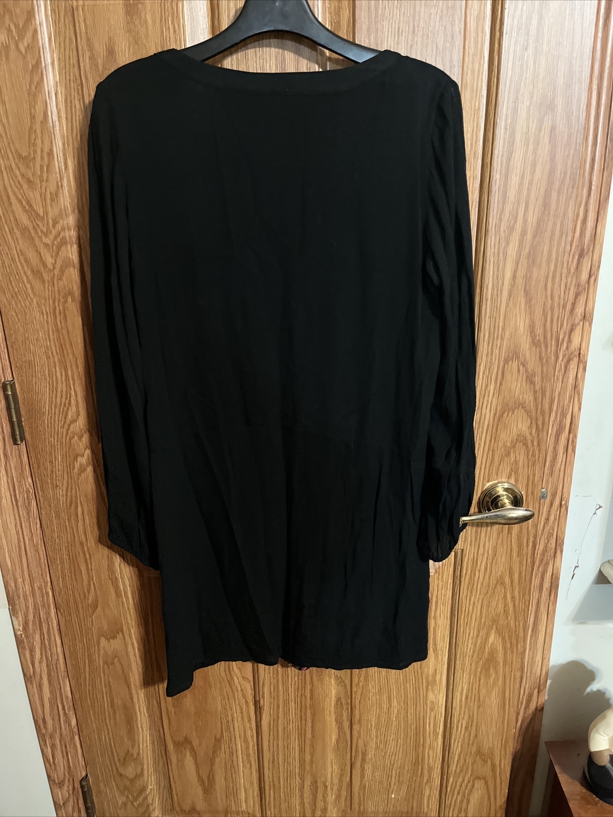 Tunic Dress Embroidered Full Button M Black V Neck Boho Hippie Festival Retro