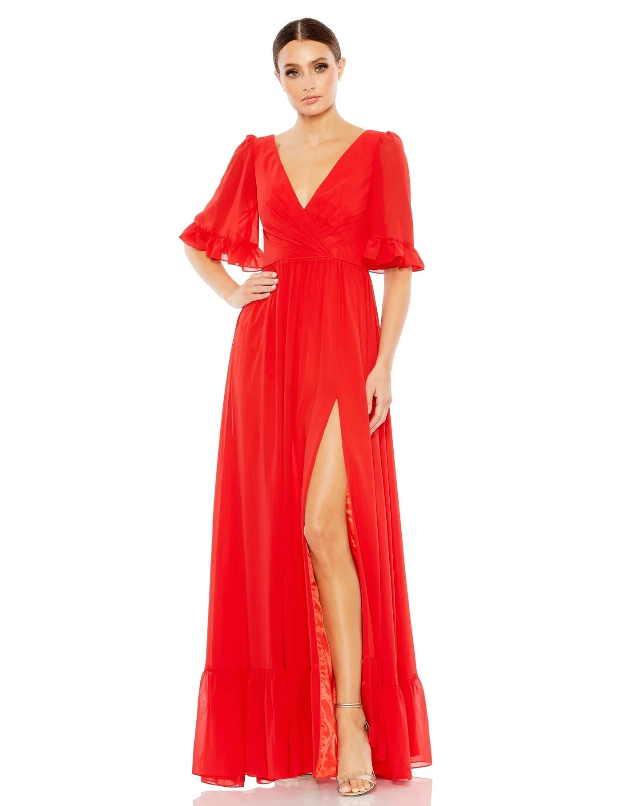 Ieena Mac Duggal Red Ruffle Trim Faux Wrap A-Line Gown Size 14 $498