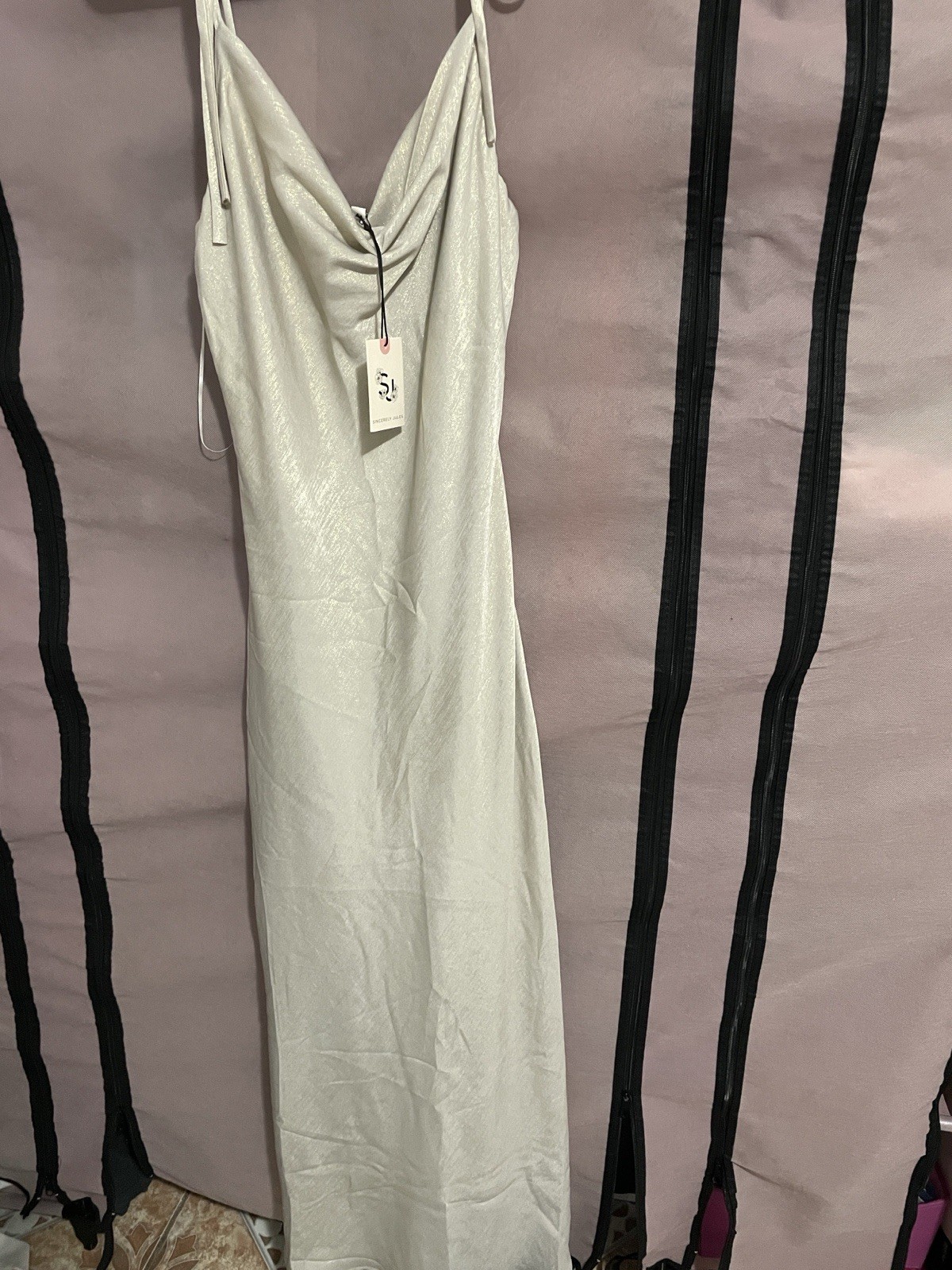 Ivory Satin Cowl Neck Slip Maxi Dress, Spaghetti Straps, Women’s Size S