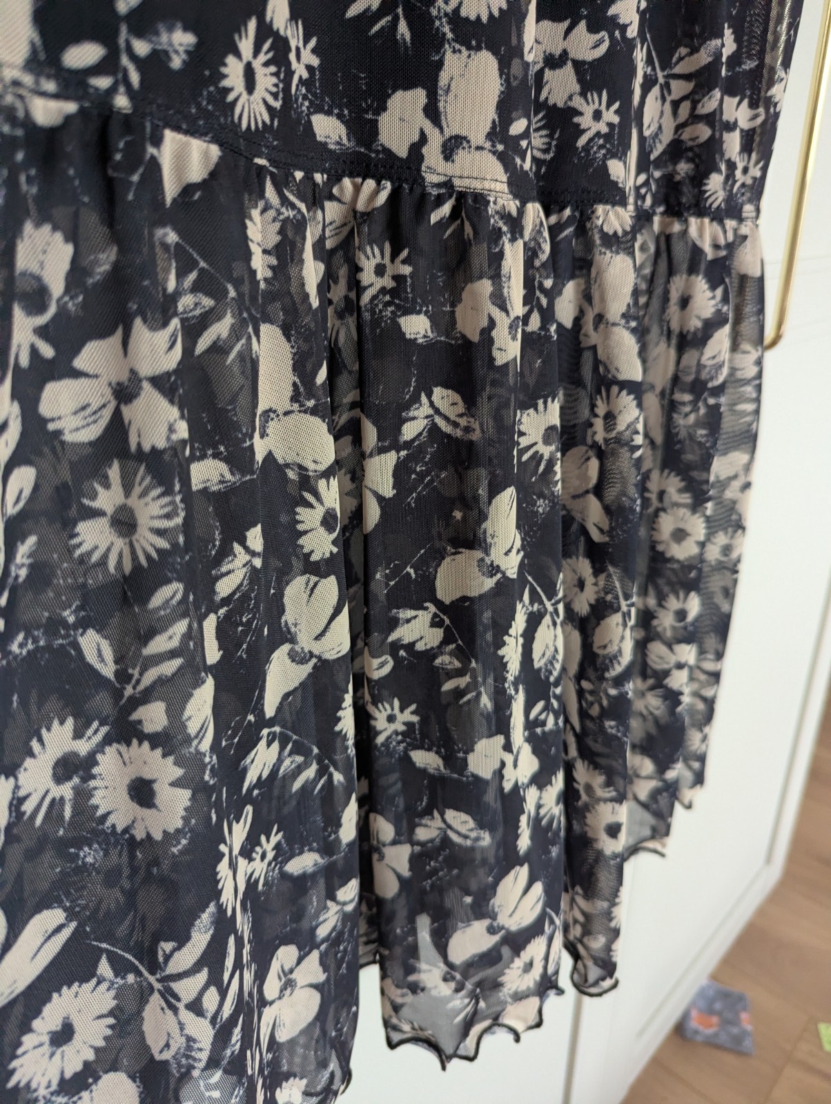 & Other Stories Black Beige Floral Sheer Mesh Long Sleeve Midi Dress Size S 8 10