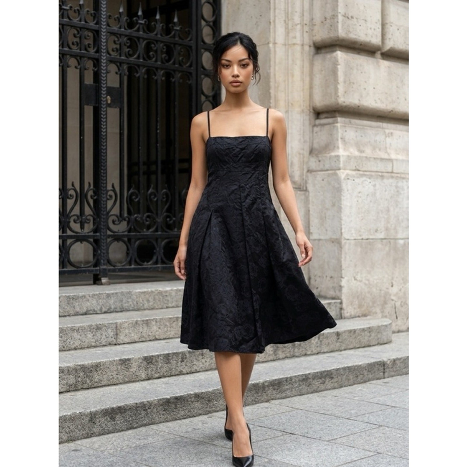 DESIGNER DERERCUNY BLACK STITCHED FLOWER PRINT PLEATED DRESS SZ 44 / 8 $800